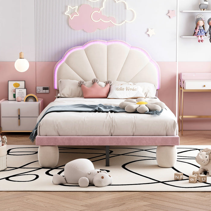 Upholstered Single Bed LED Lights Wave Headboard 90x200cm, Velvet Beige+Pink