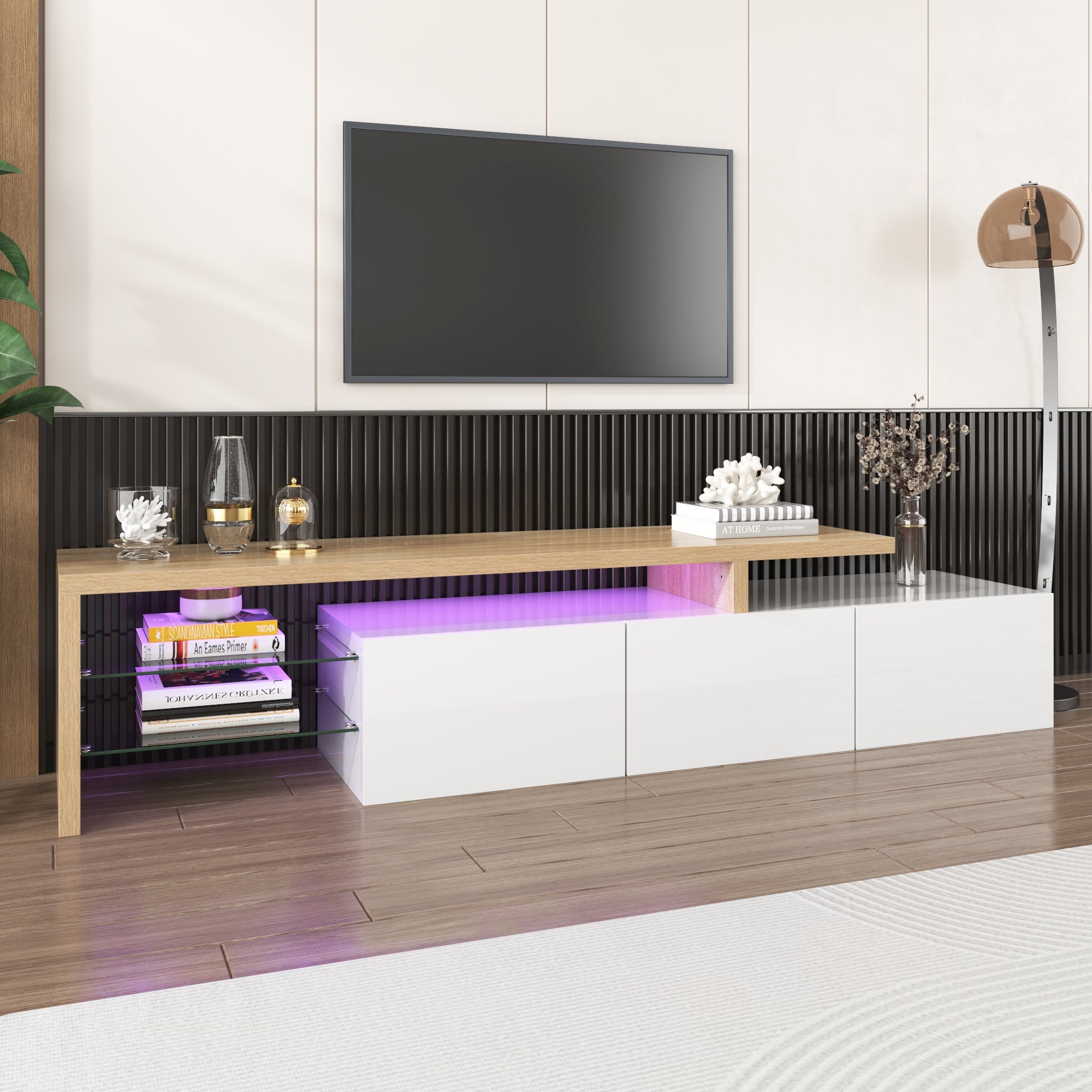 TV Cabinet, Modern High-Gloss with Glass Shelves & LED Lighting, White Wood