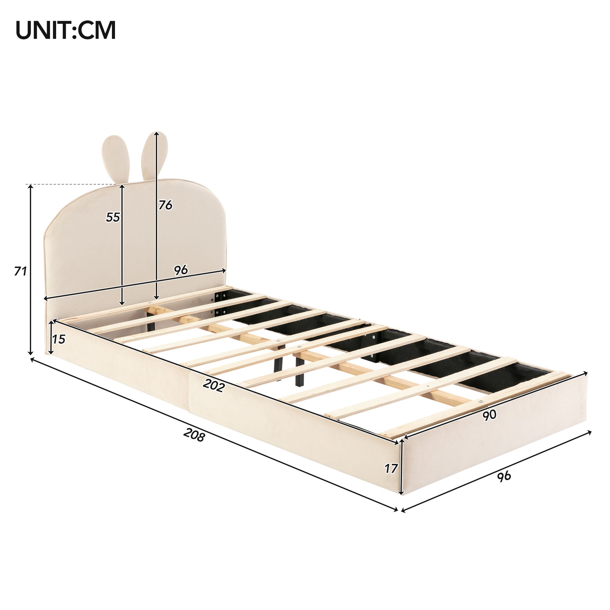 Rabbit Headboard Upholstered Bed, Wooden Slats Single, Velvet Beige