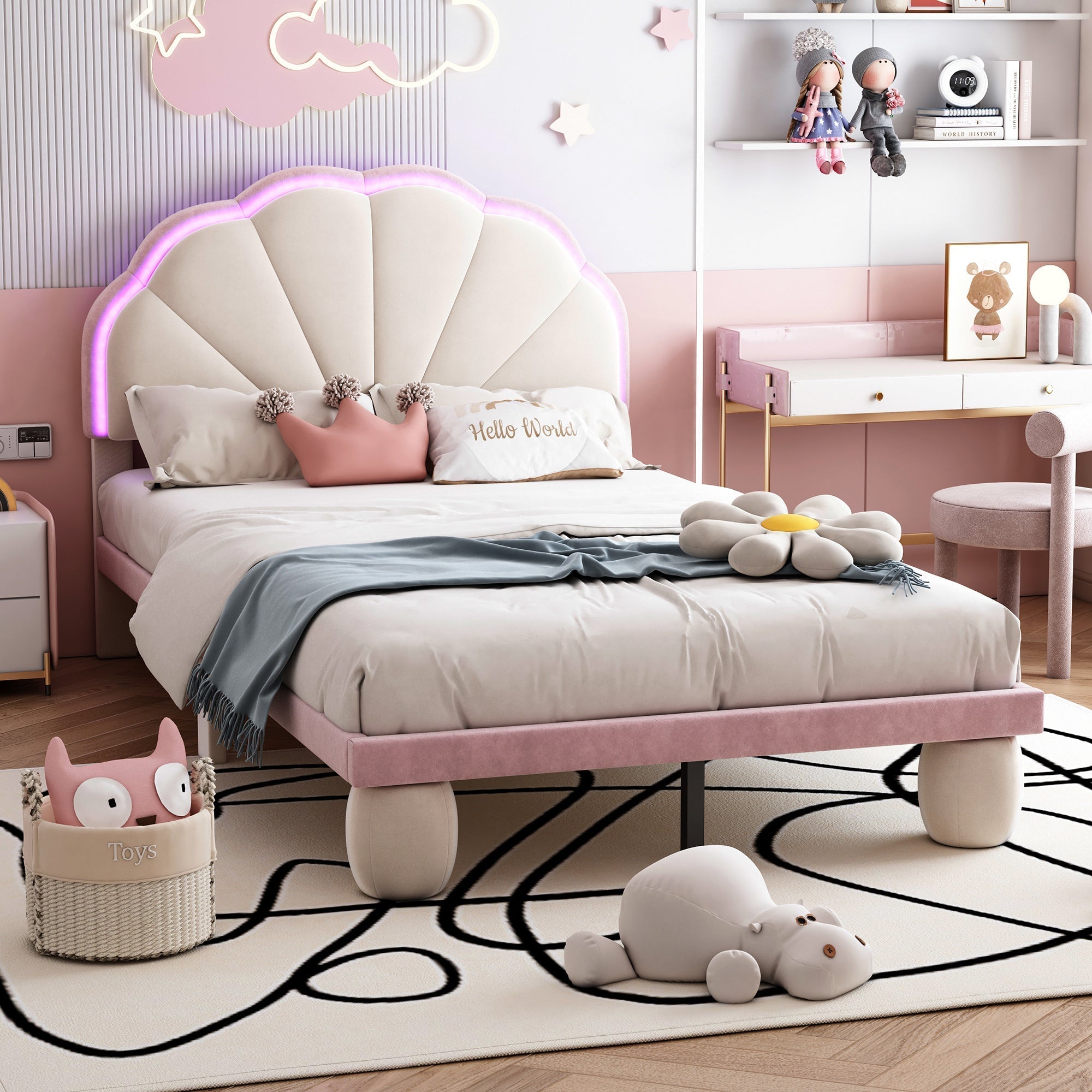 Upholstered Single Bed LED Lights Wave Headboard 90x200cm, Velvet Beige+Pink