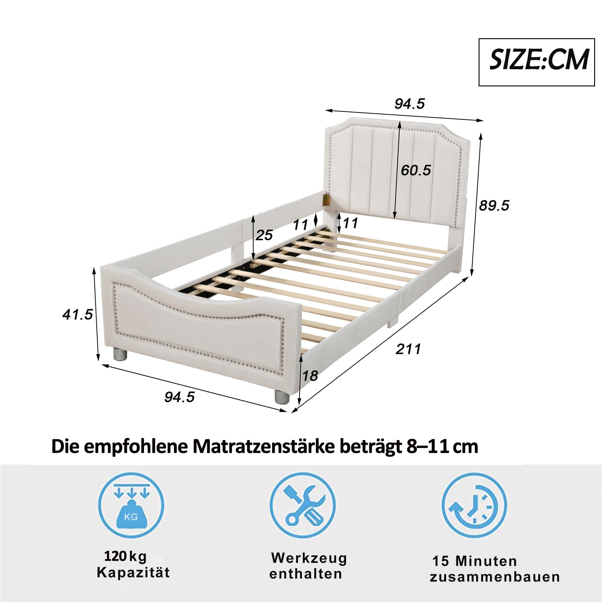 Children’s Upholstered Sofa Bed with Flannel Finish – 90x200cm Beige