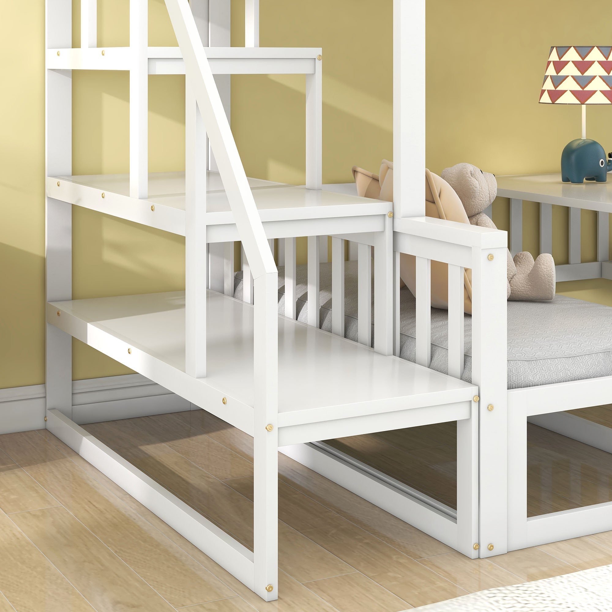 Bunk Bed, Space-Saving with Stairs, Adjustable Table, Wooden Sofa, Pine Wood, White