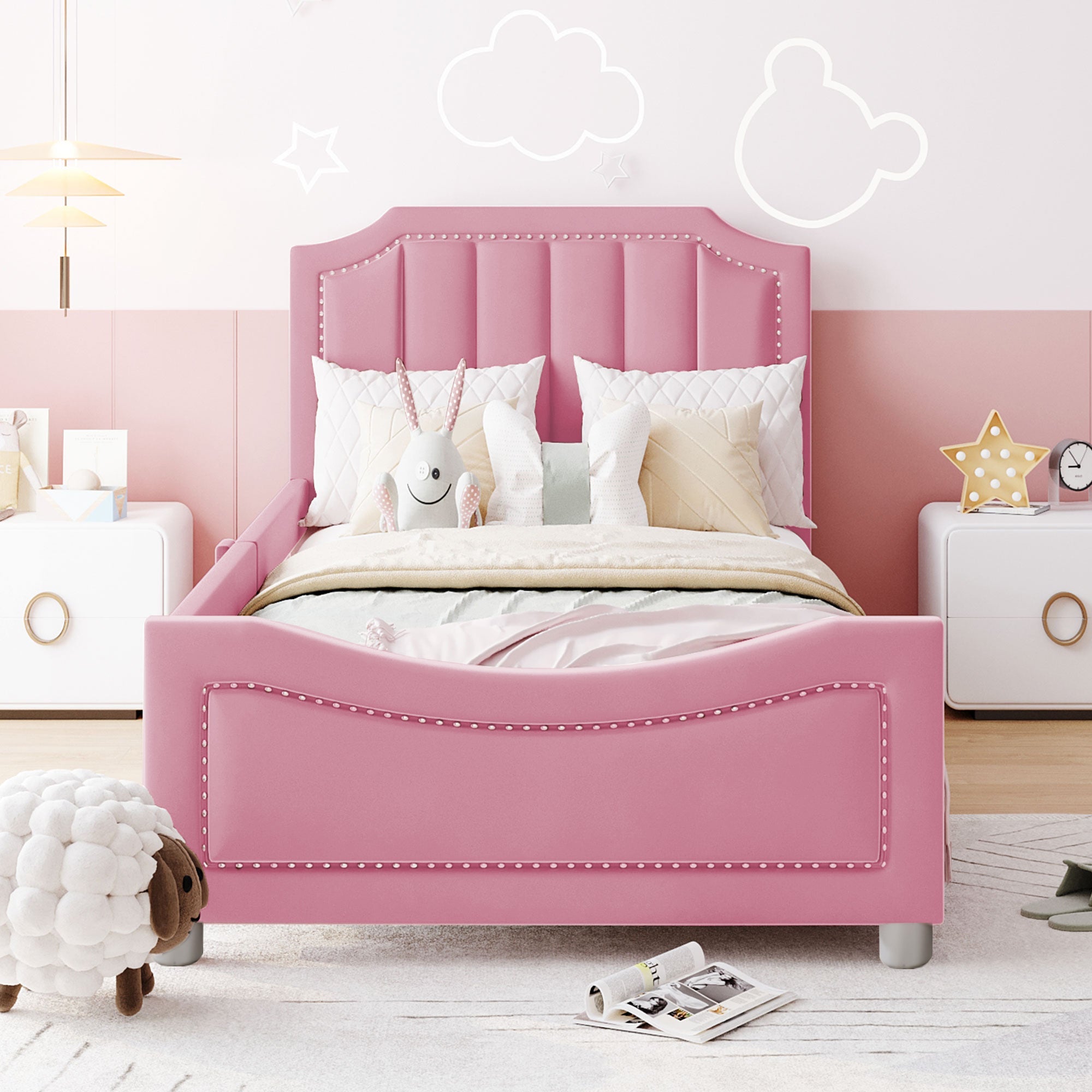 Children's Bed Upholstered Sofa Bed 90*200cm, Flannel, Pink