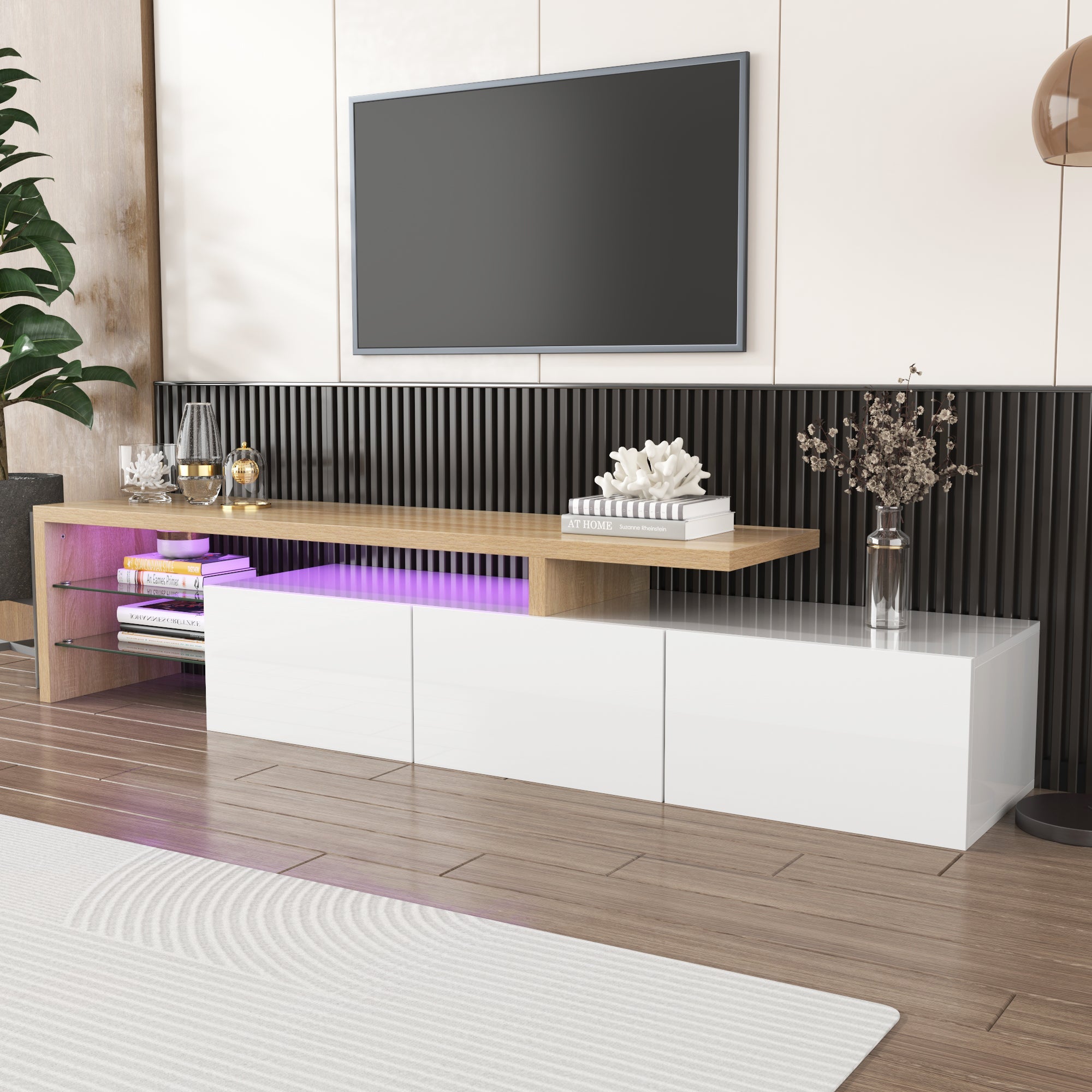 TV Cabinet, Modern High-Gloss with Glass Shelves & LED Lighting, White Wood