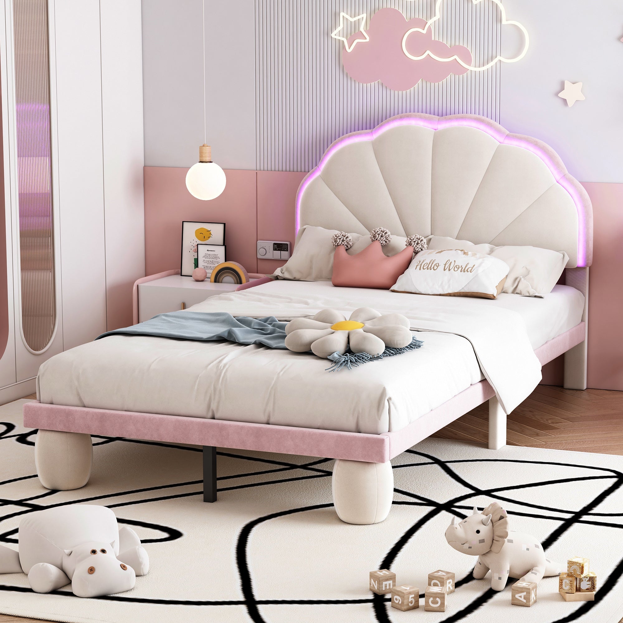 Upholstered Single Bed LED Lights Wave Headboard 90x200cm, Velvet Beige+Pink