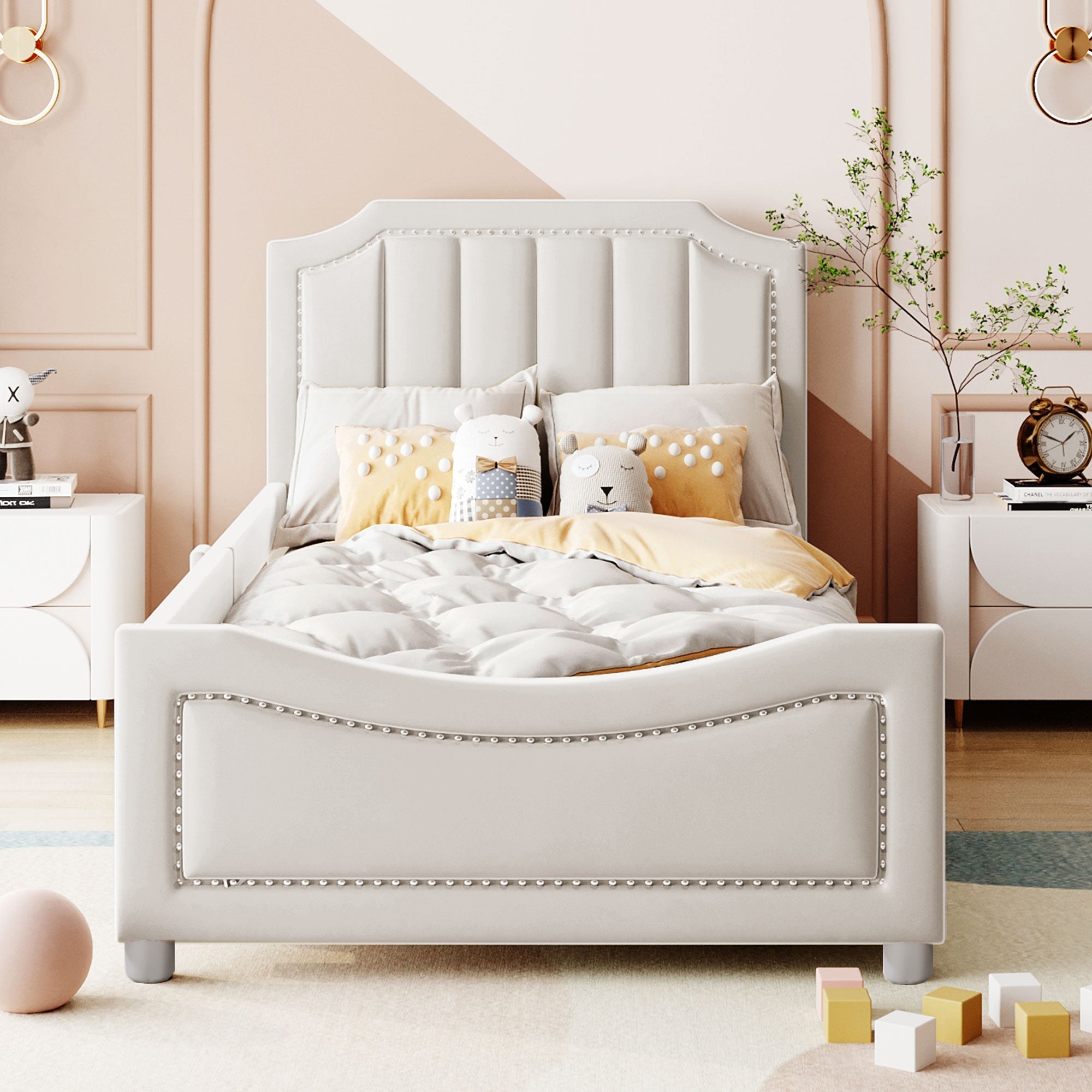 Children’s Upholstered Sofa Bed with Flannel Finish – 90x200cm Beige