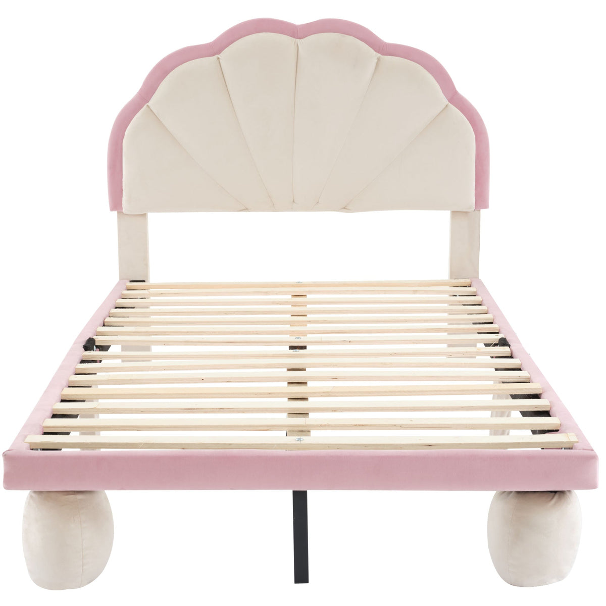 Upholstered Single Bed LED Lights Wave Headboard 90x200cm, Velvet Beige+Pink