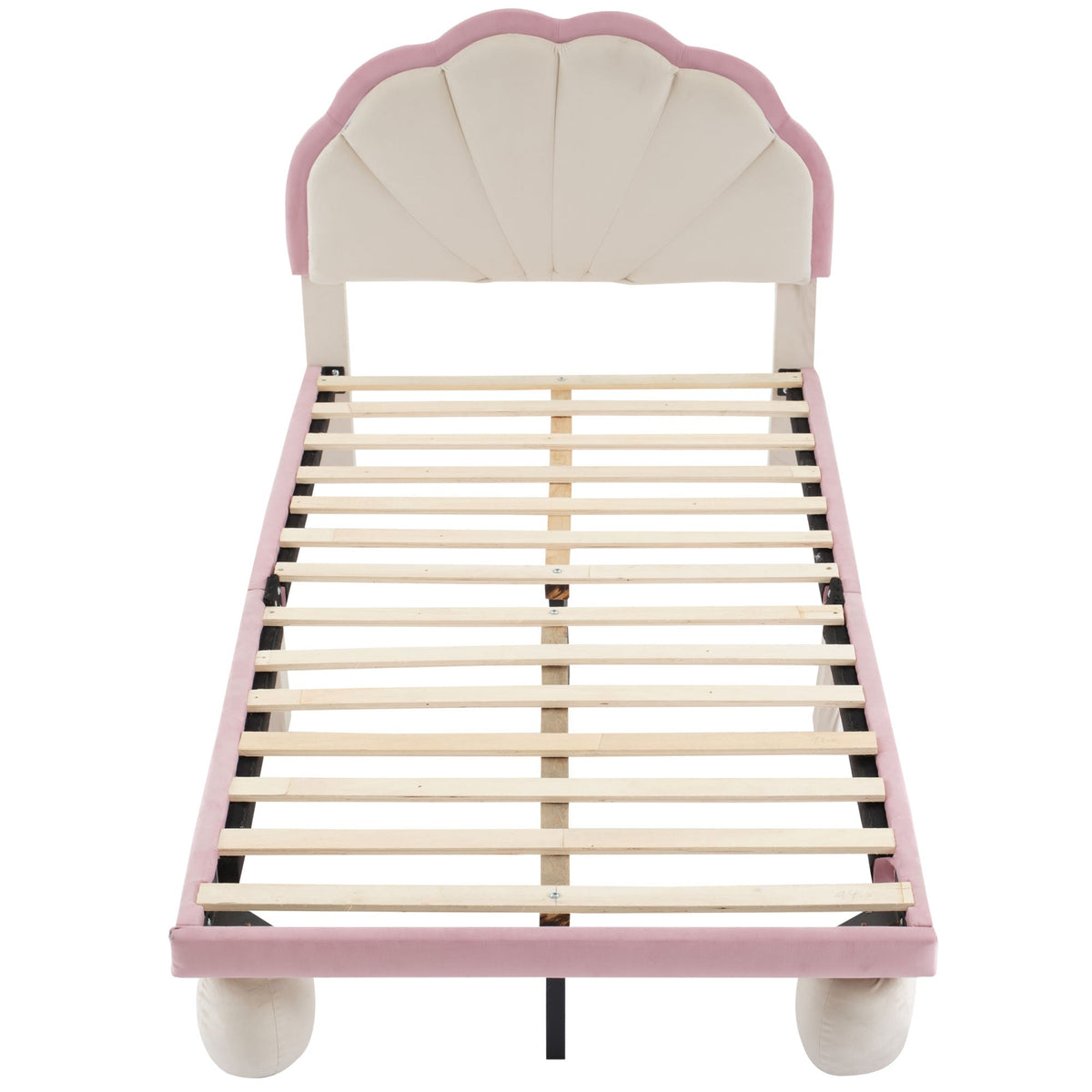 Upholstered Single Bed LED Lights Wave Headboard 90x200cm, Velvet Beige+Pink