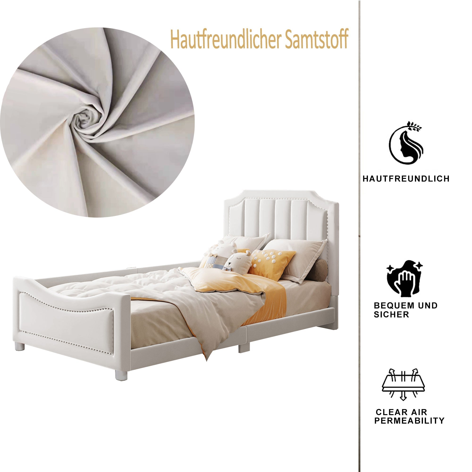 Children’s Upholstered Sofa Bed with Flannel Finish – 90x200cm Beige