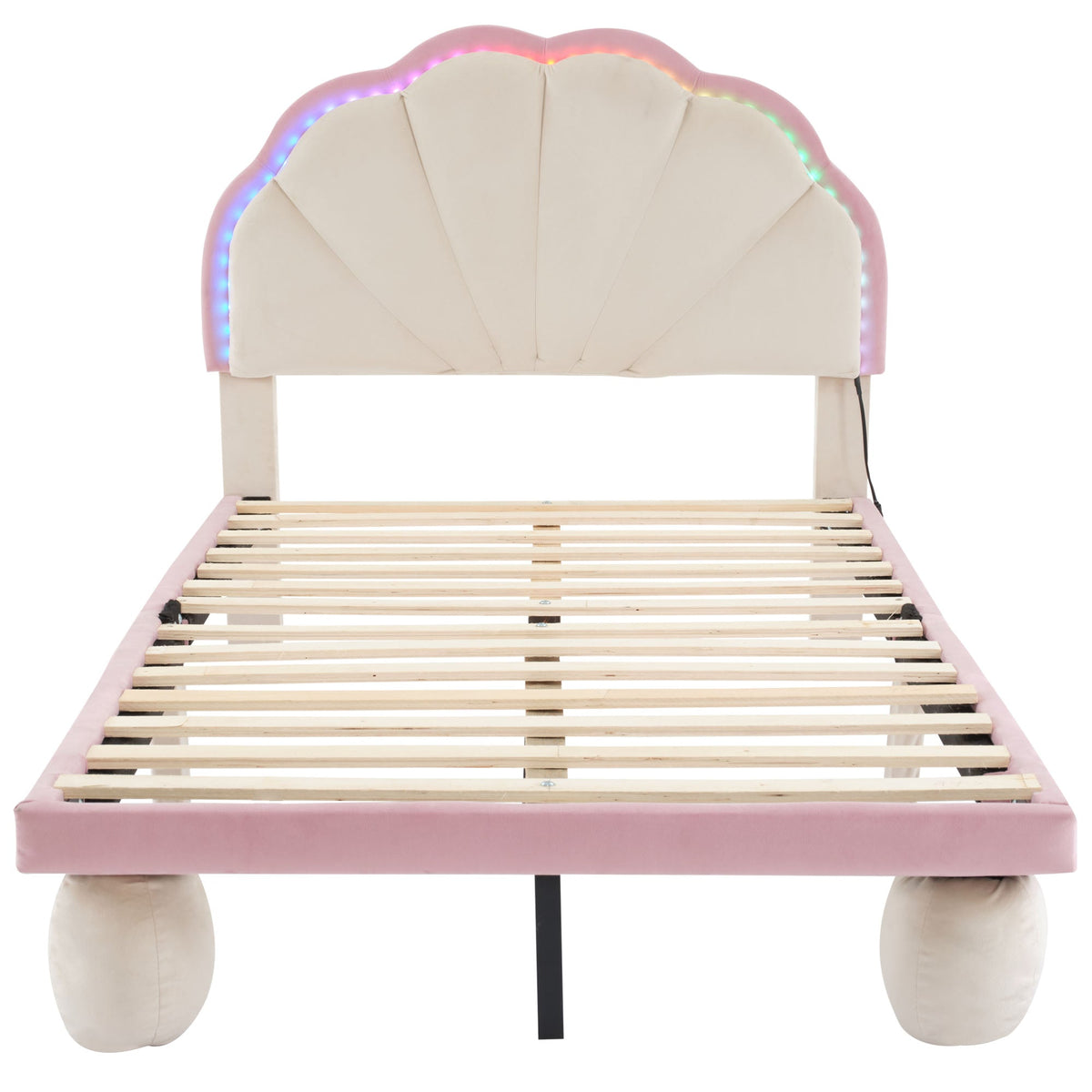 Upholstered Single Bed LED Lights Wave Headboard 90x200cm, Velvet Beige+Pink