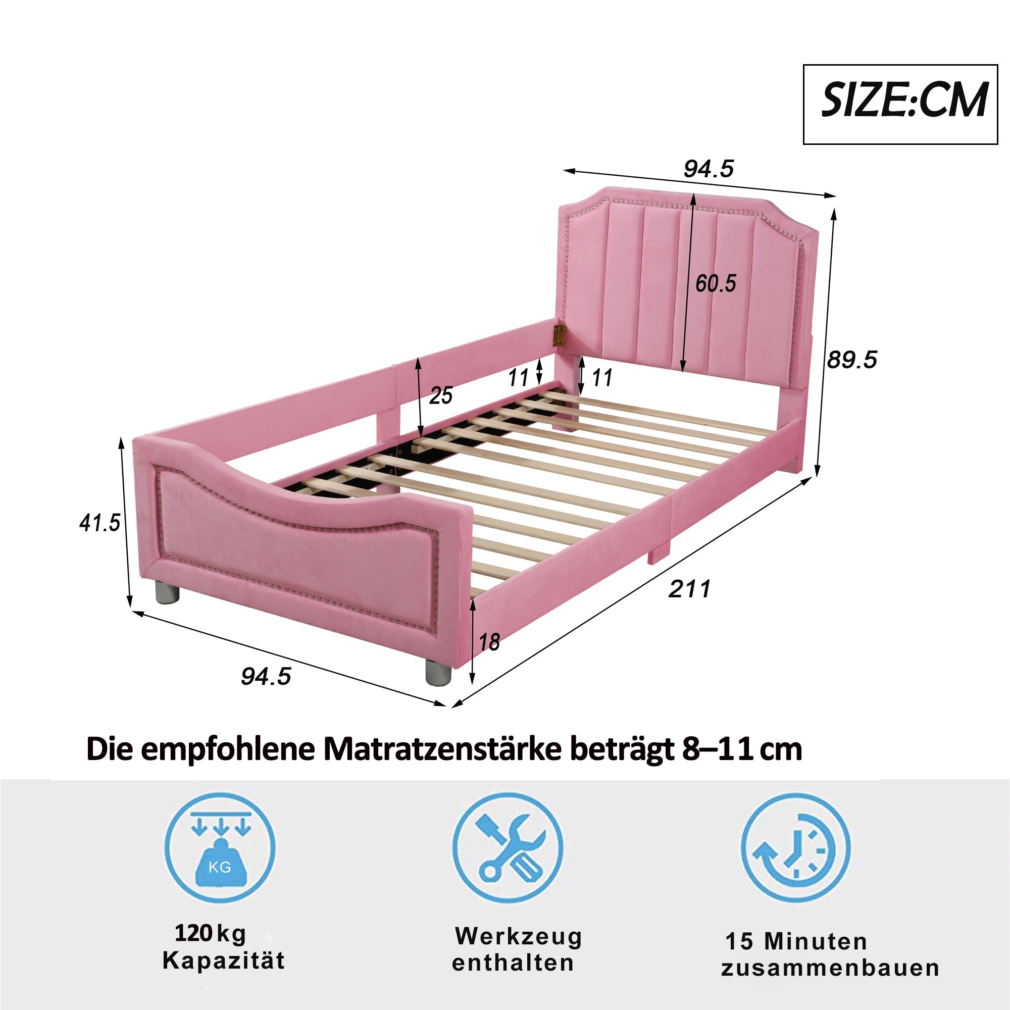 Children's Bed Upholstered Sofa Bed 90*200cm, Flannel, Pink