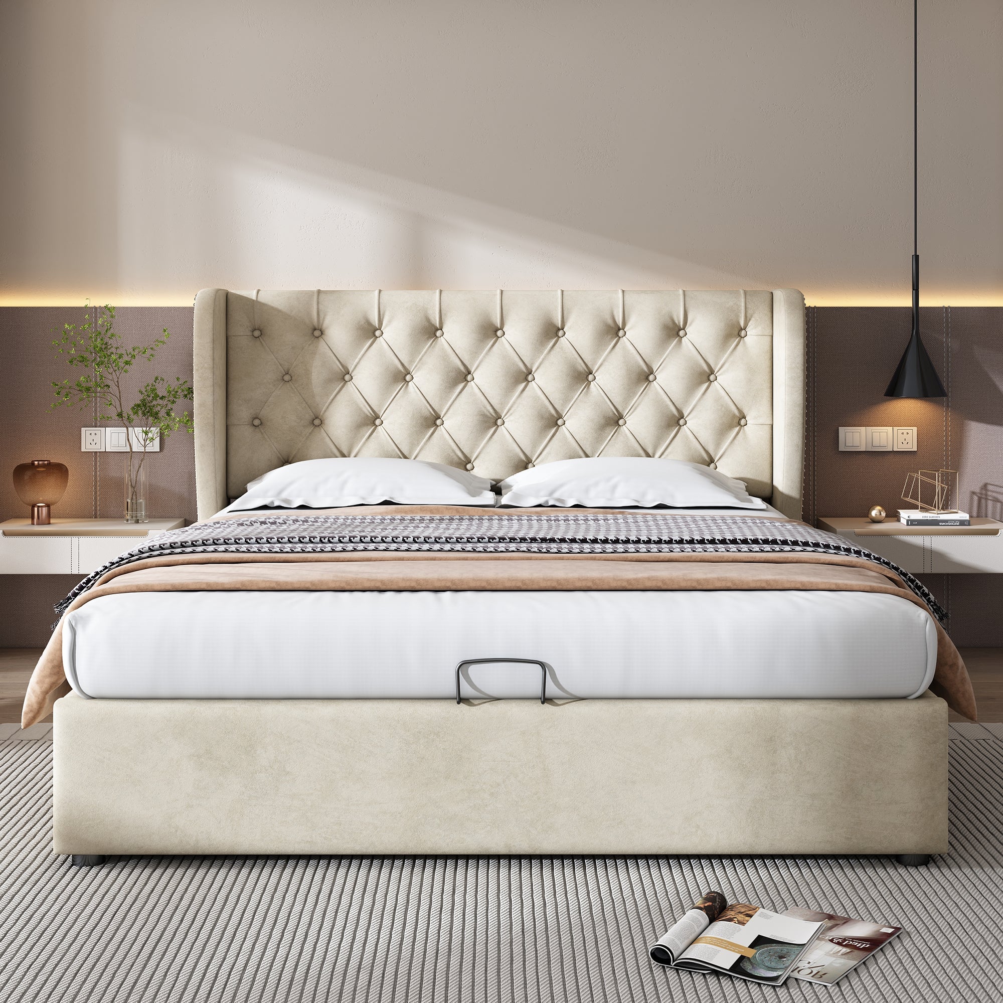 Upholstered Double Bed 140x190cm Hydraulic Storage Ear Shape - Velvet Beige