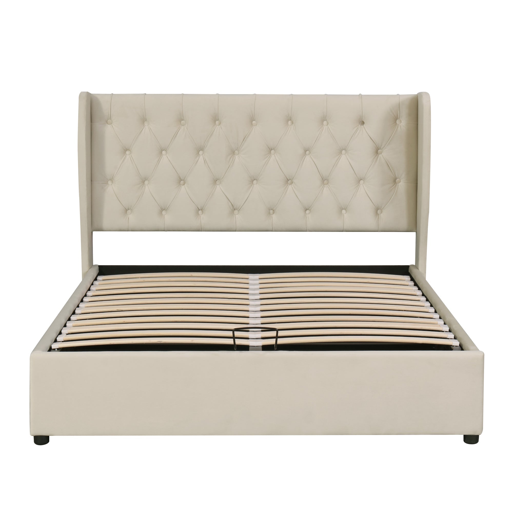 Upholstered Double Bed 160x200cm Hydraulic Storage Ear Shape - Velvet Beige