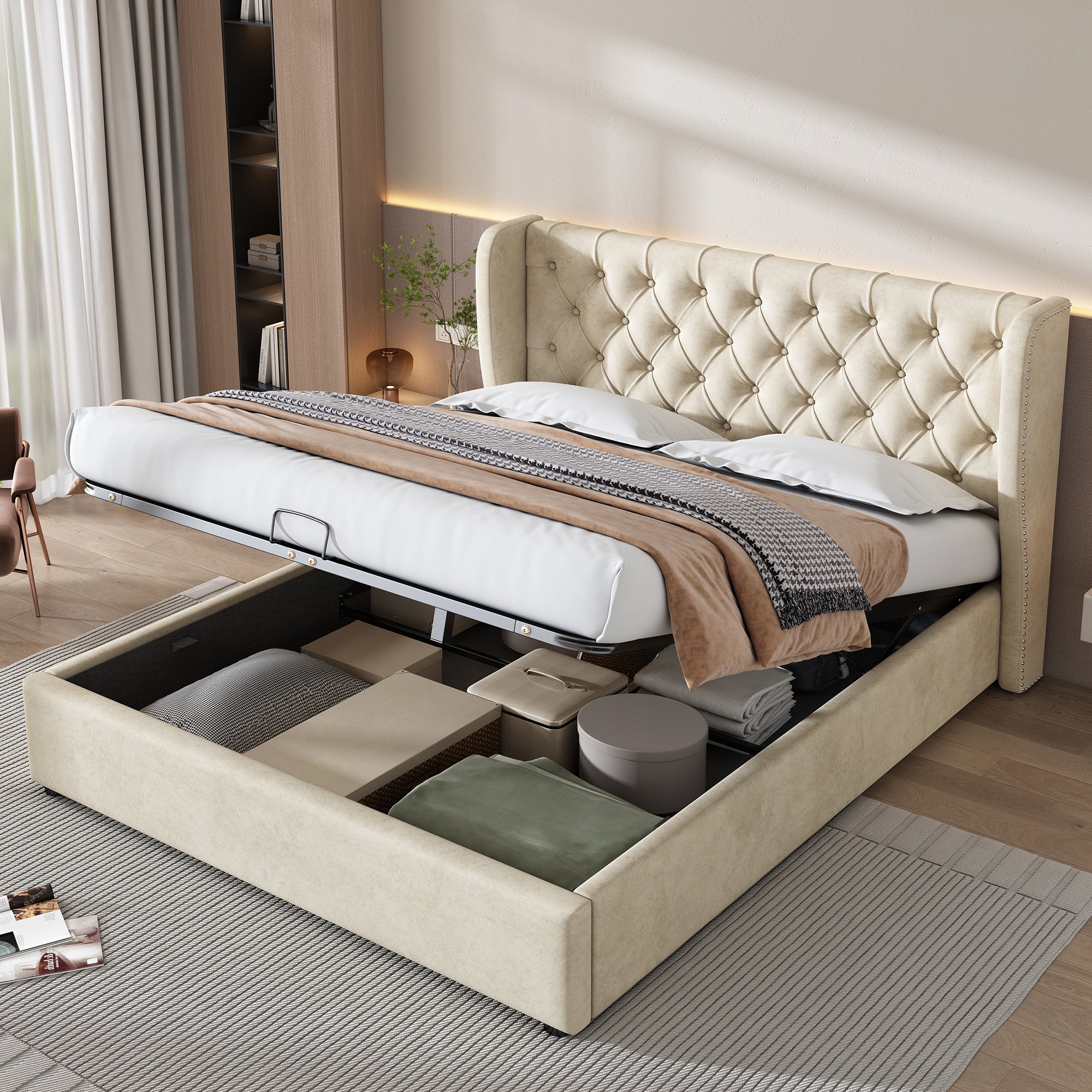 Upholstered Double Bed 160x200cm Hydraulic Storage Ear Shape - Velvet Beige