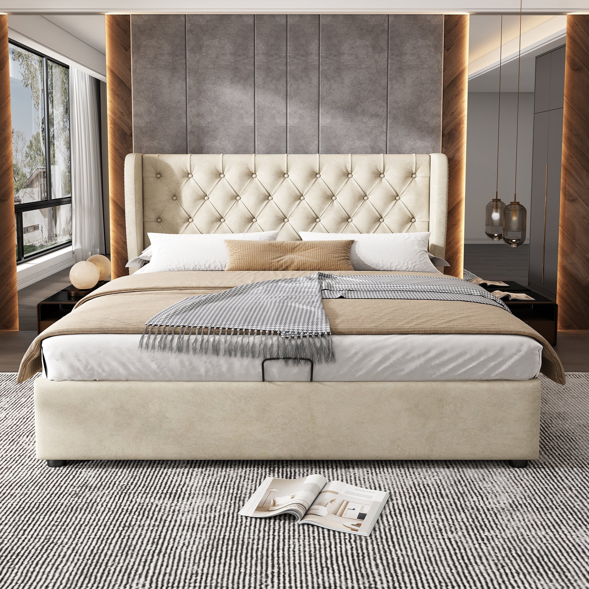 Upholstered Double Bed 140x190cm Hydraulic Storage Ear Shape - Velvet Beige