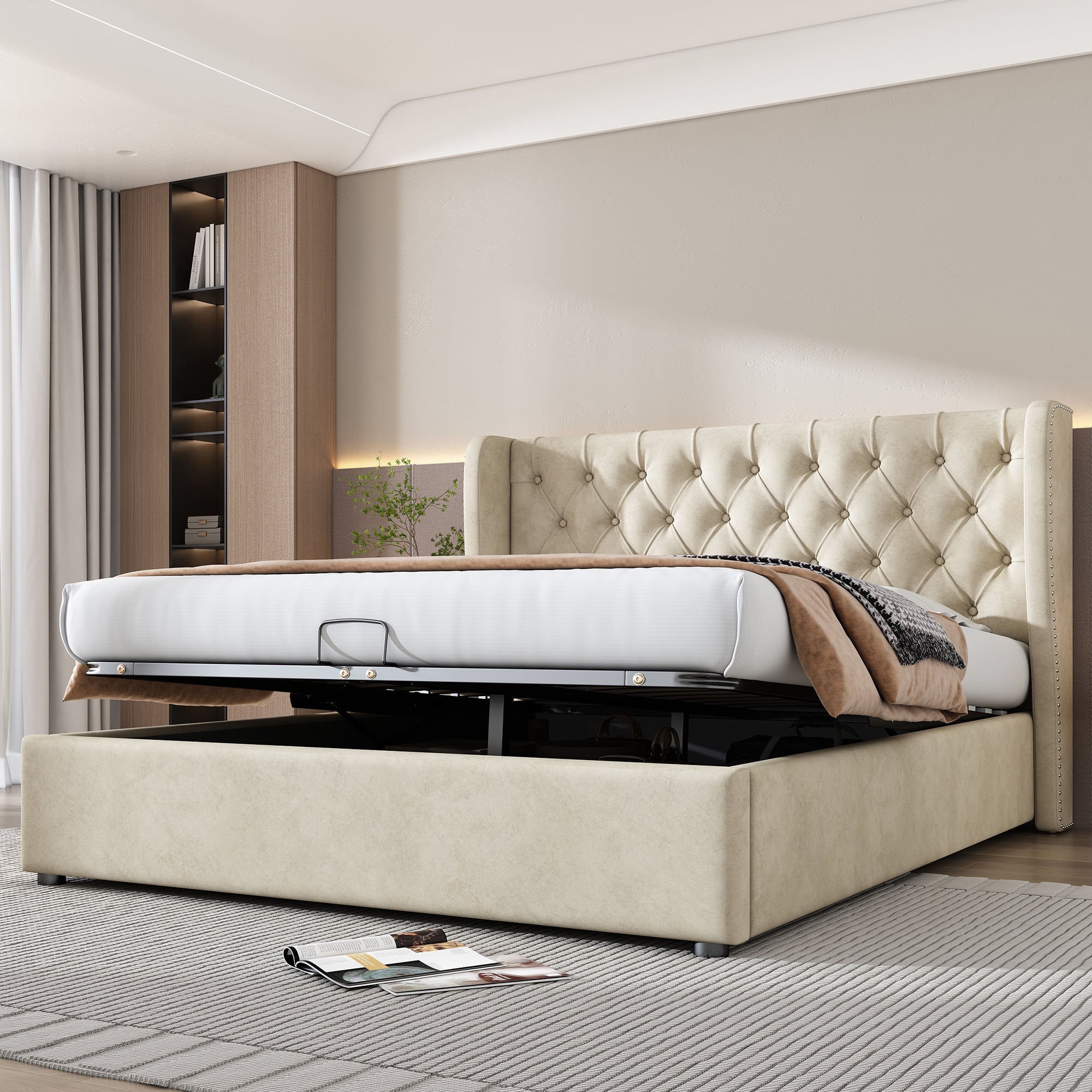 Upholstered Double Bed 140x190cm Hydraulic Storage Ear Shape - Velvet Beige