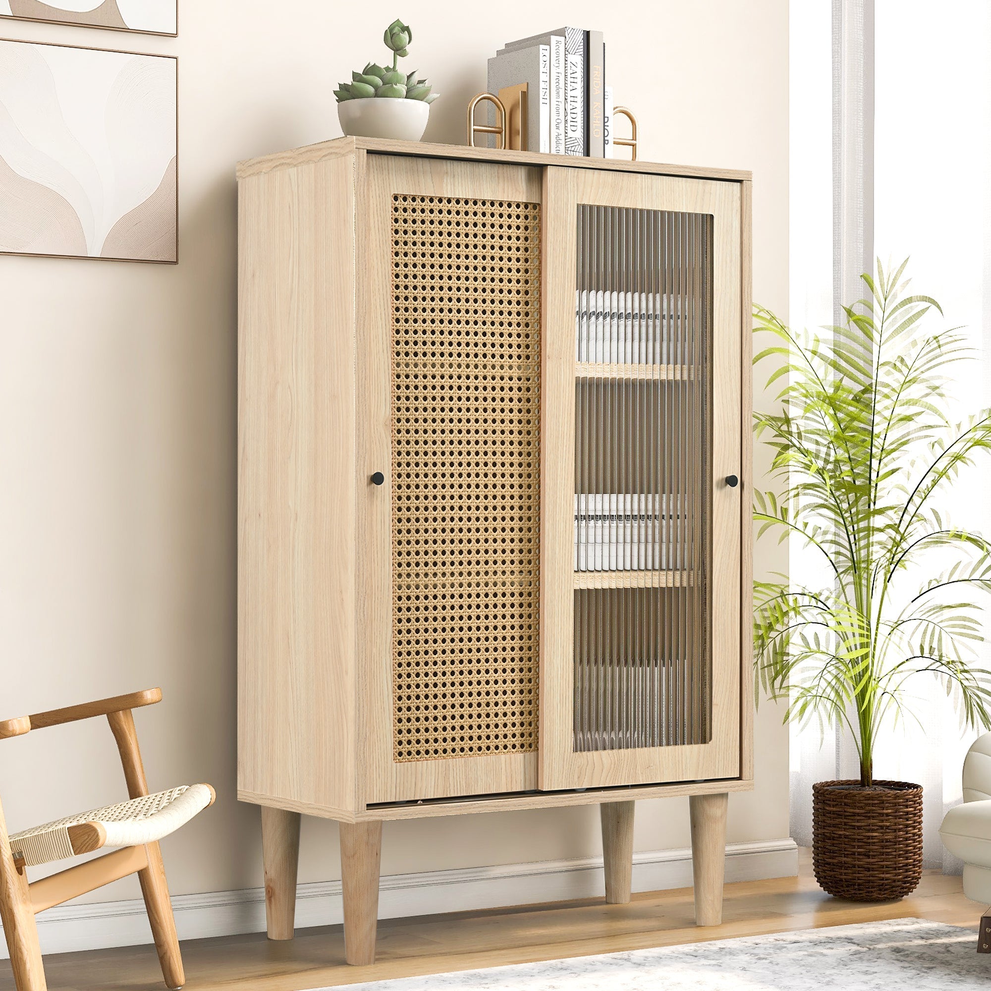 Sideboard, 100cm high, 6 compartments, wood with plastic rattan and glass