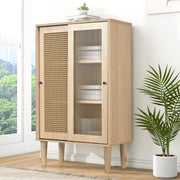 Sideboard, 100cm high, 6 compartments, wood with plastic rattan and glass