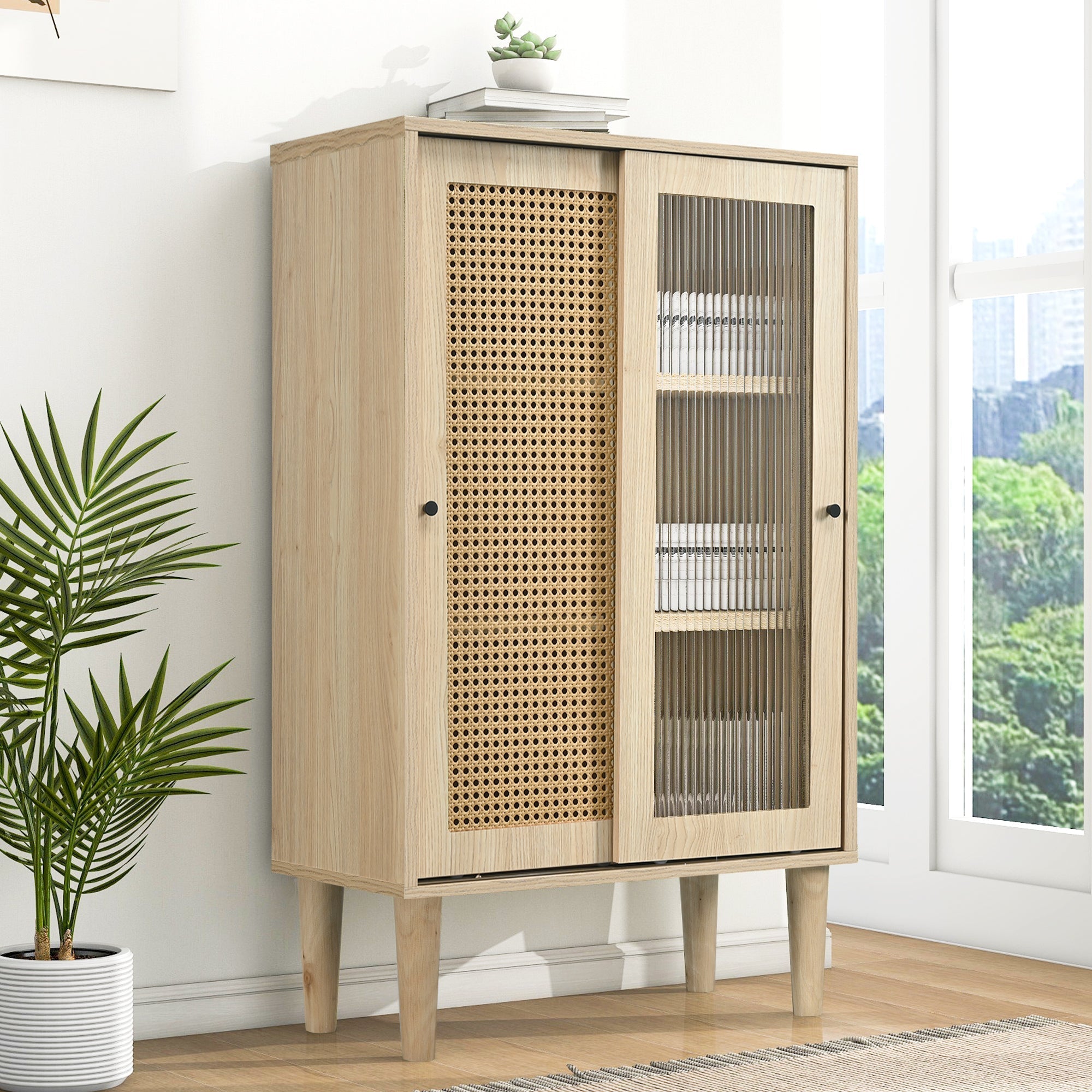 Sideboard, 100cm high, 6 compartments, wood with plastic rattan and glass