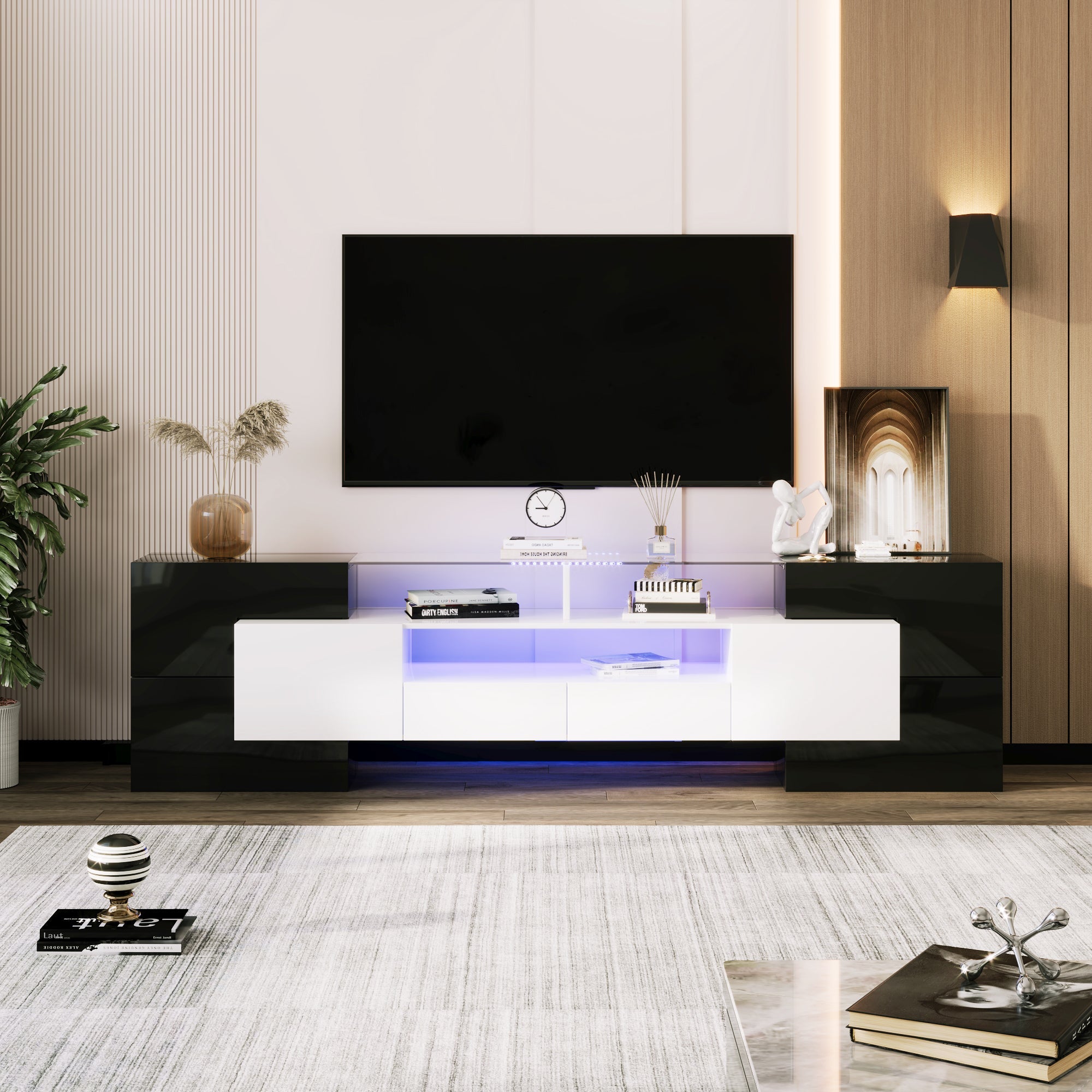TV Cabinet, 200cm LED Low Panel, High-Gloss White & Black