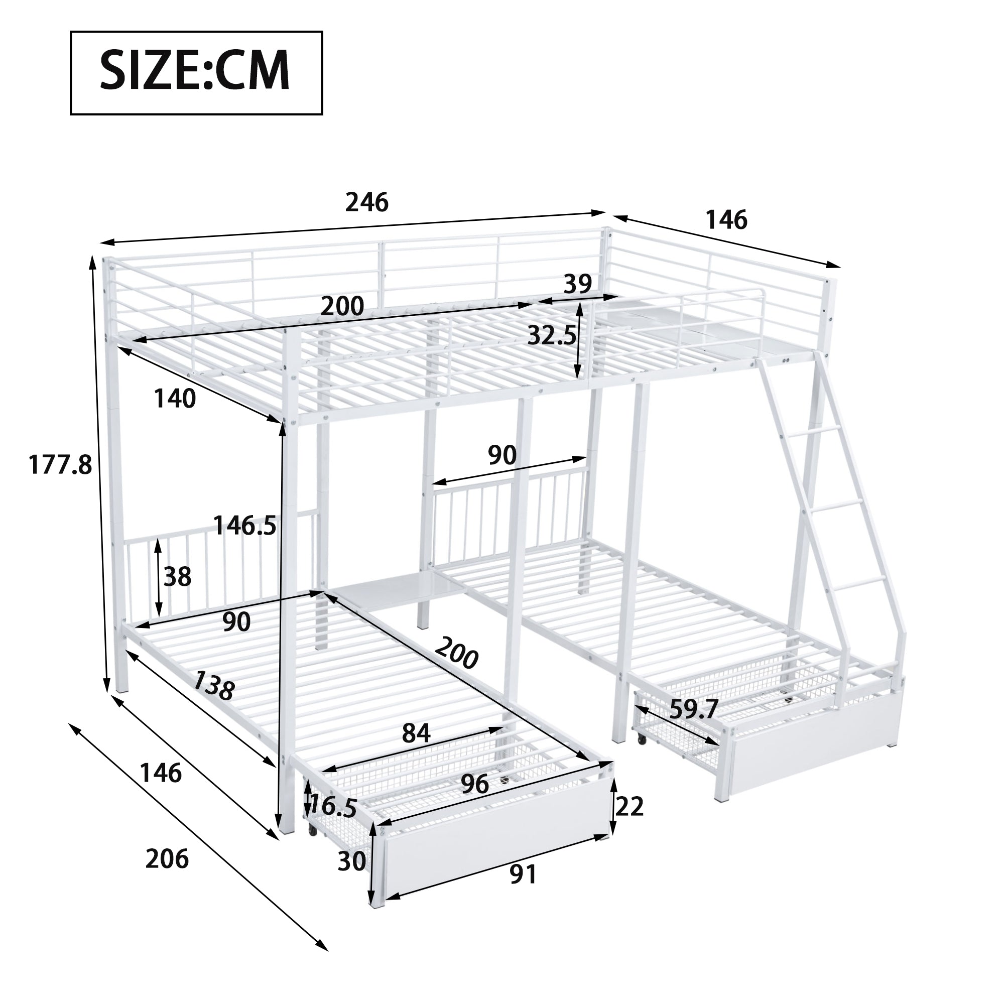 Triple Bunk Bed, Drawers, Convertible to Double & Two Single Beds, Metal Frame, White