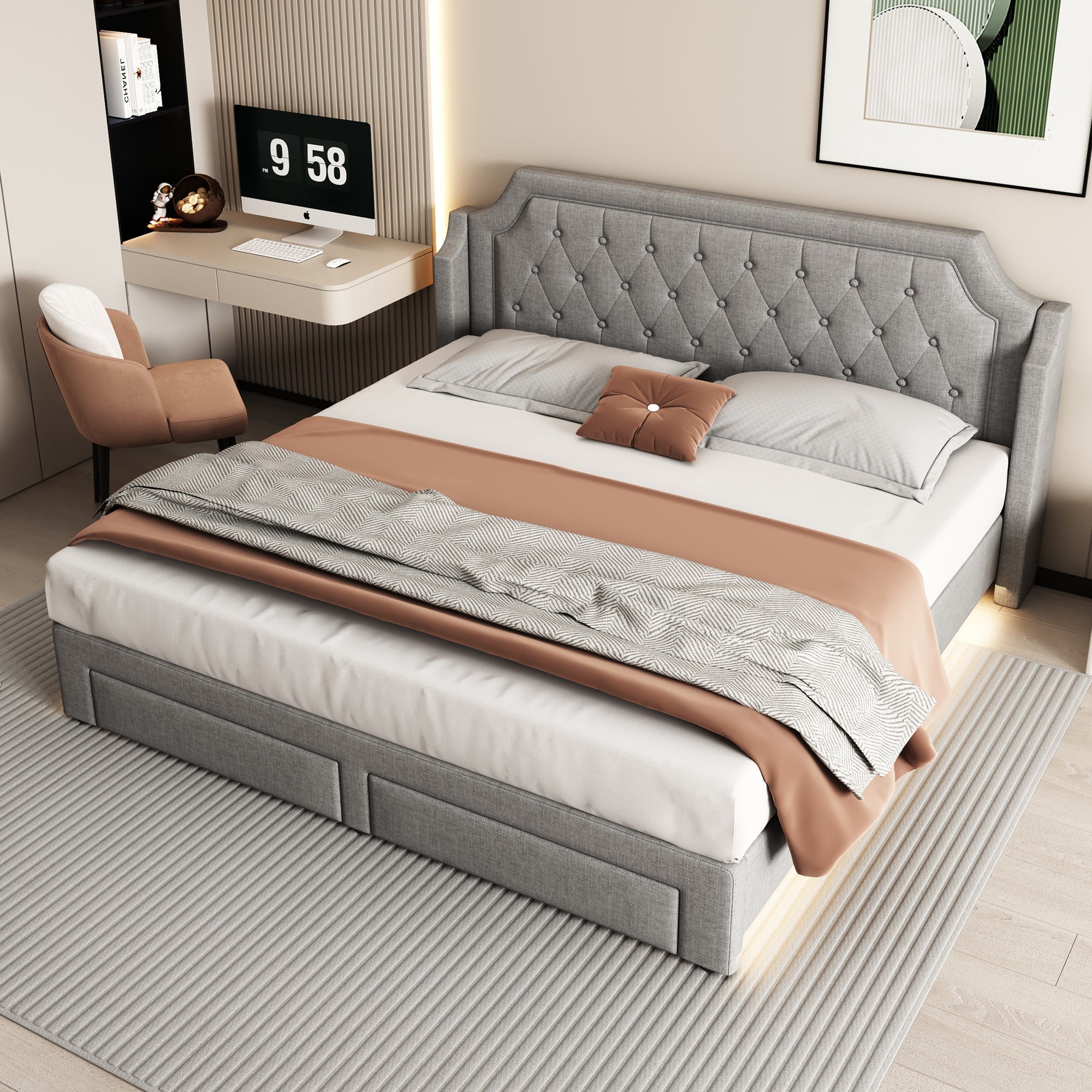 Upholstered Bed 180x200cm with 2 Drawers, LED & Slatted Base - Linen Grey
