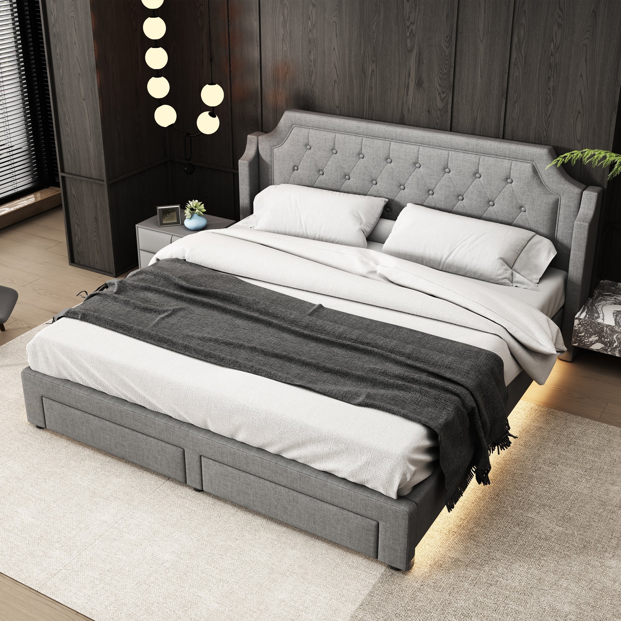Upholstered Bed 180x200cm with 2 Drawers, LED & Slatted Base - Linen Grey