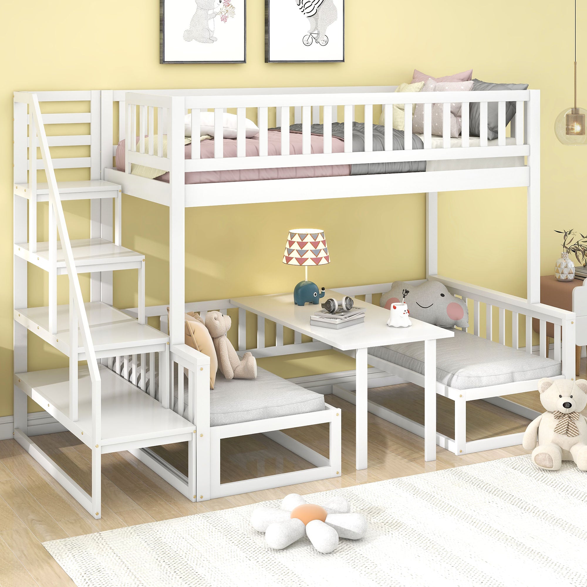 Bunk Bed, Space-Saving with Stairs, Adjustable Table, Wooden Sofa, Pine Wood, White