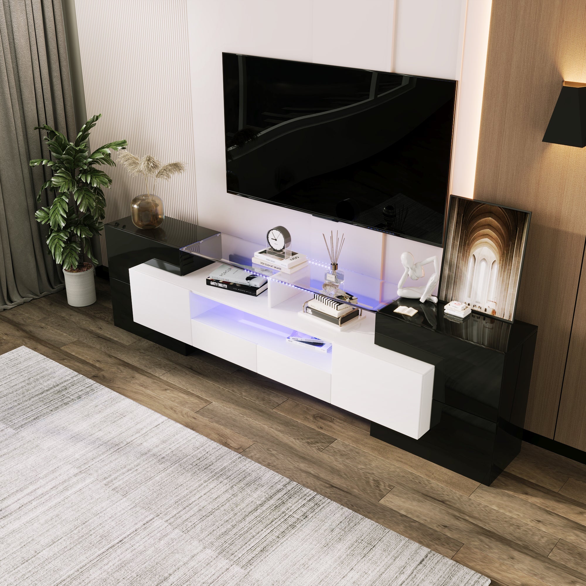 TV Cabinet, 200cm LED Low Panel, High-Gloss White & Black