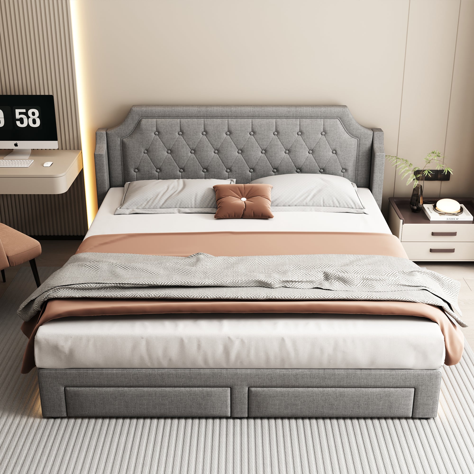 Upholstered Bed 180x200cm with 2 Drawers, LED & Slatted Base - Linen Grey