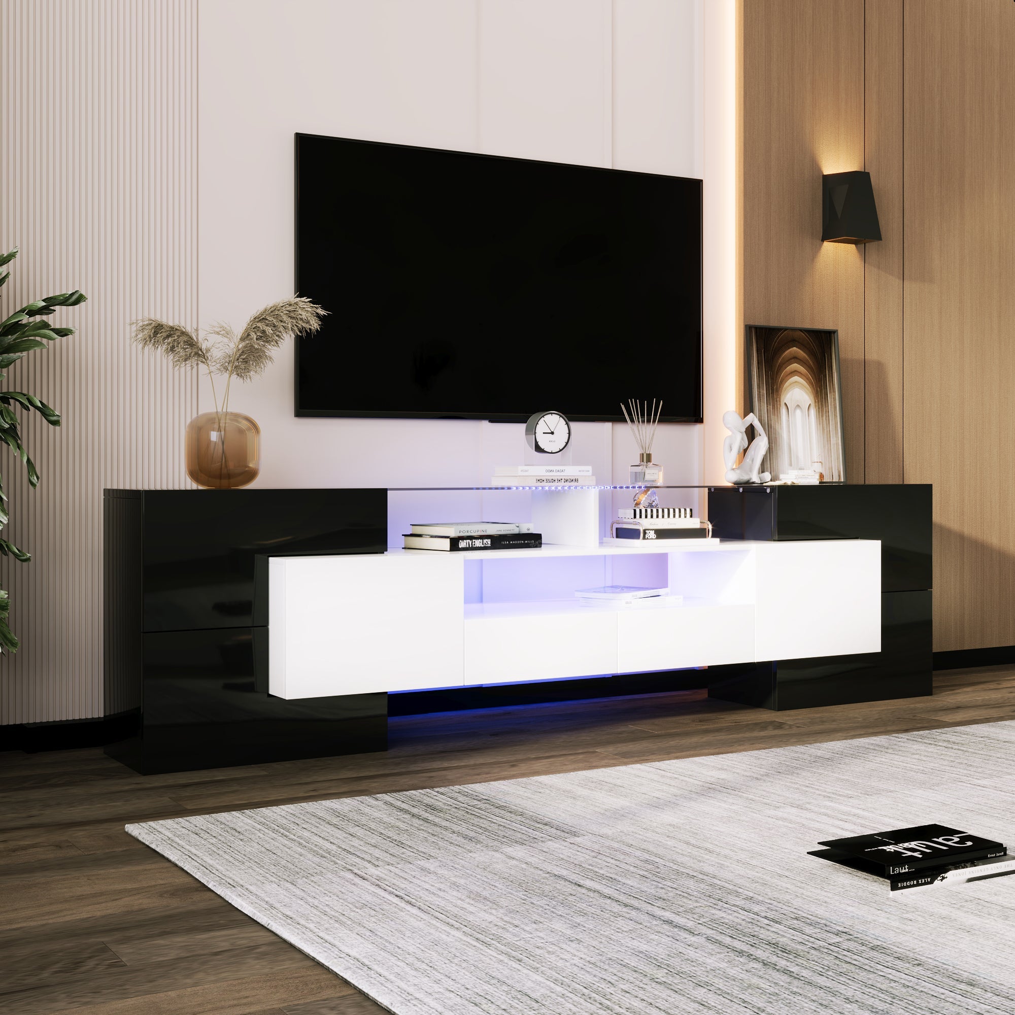 TV Cabinet, 200cm LED Low Panel, High-Gloss White & Black