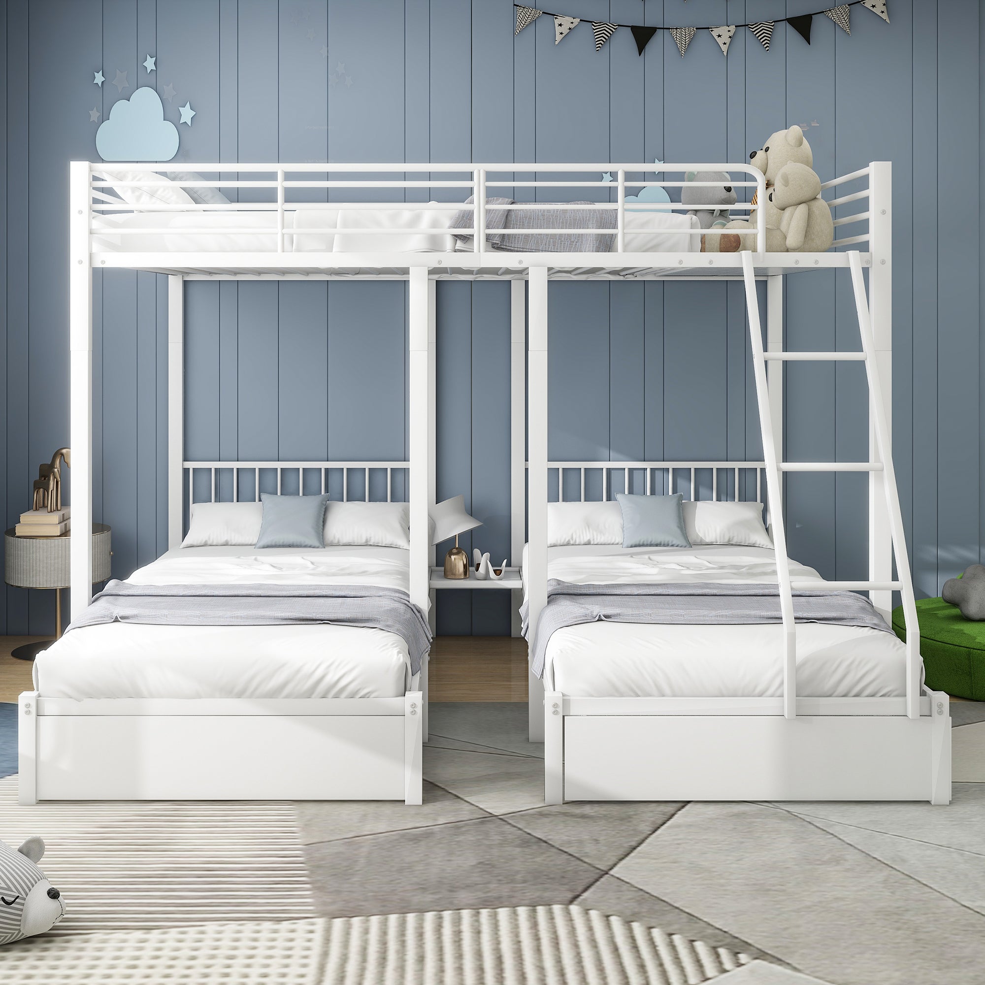 Triple Bunk Bed, Drawers, Convertible to Double & Two Single Beds, Metal Frame, White