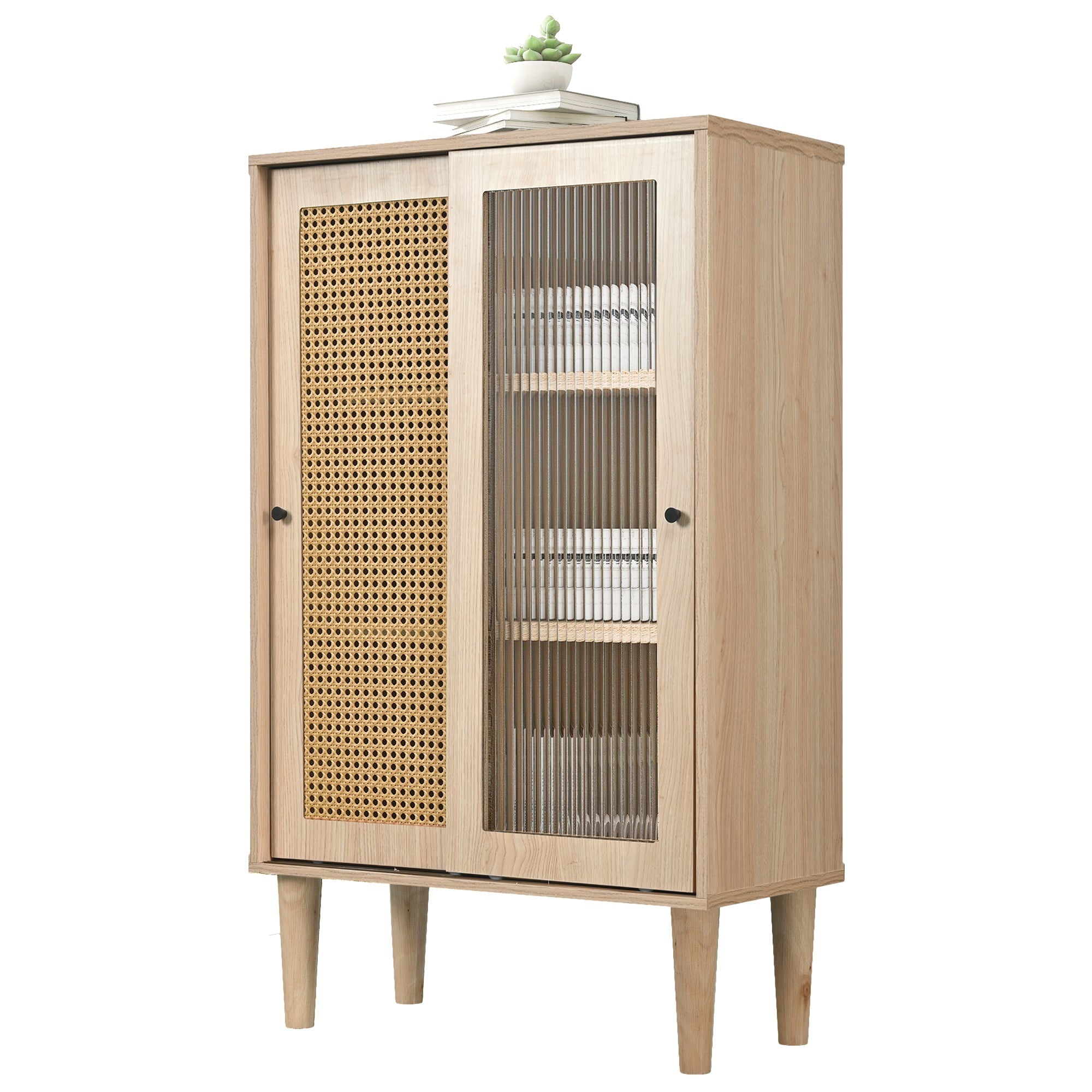Sideboard, 100cm high, 6 compartments, wood with plastic rattan and glass