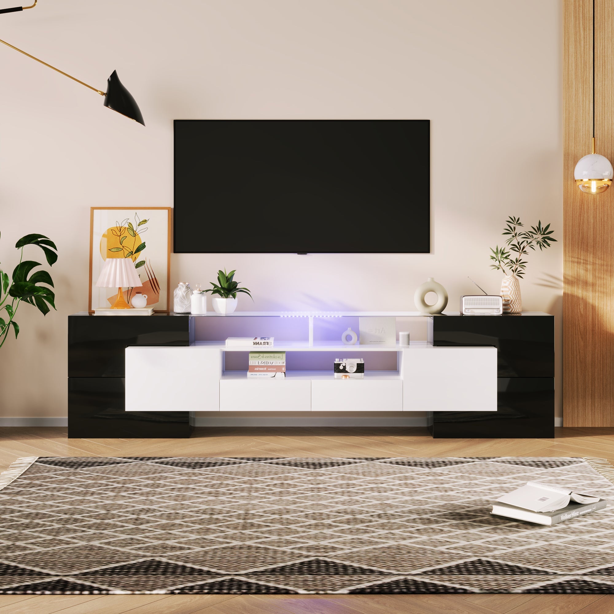 TV Cabinet, 200cm LED Low Panel, High-Gloss White & Black