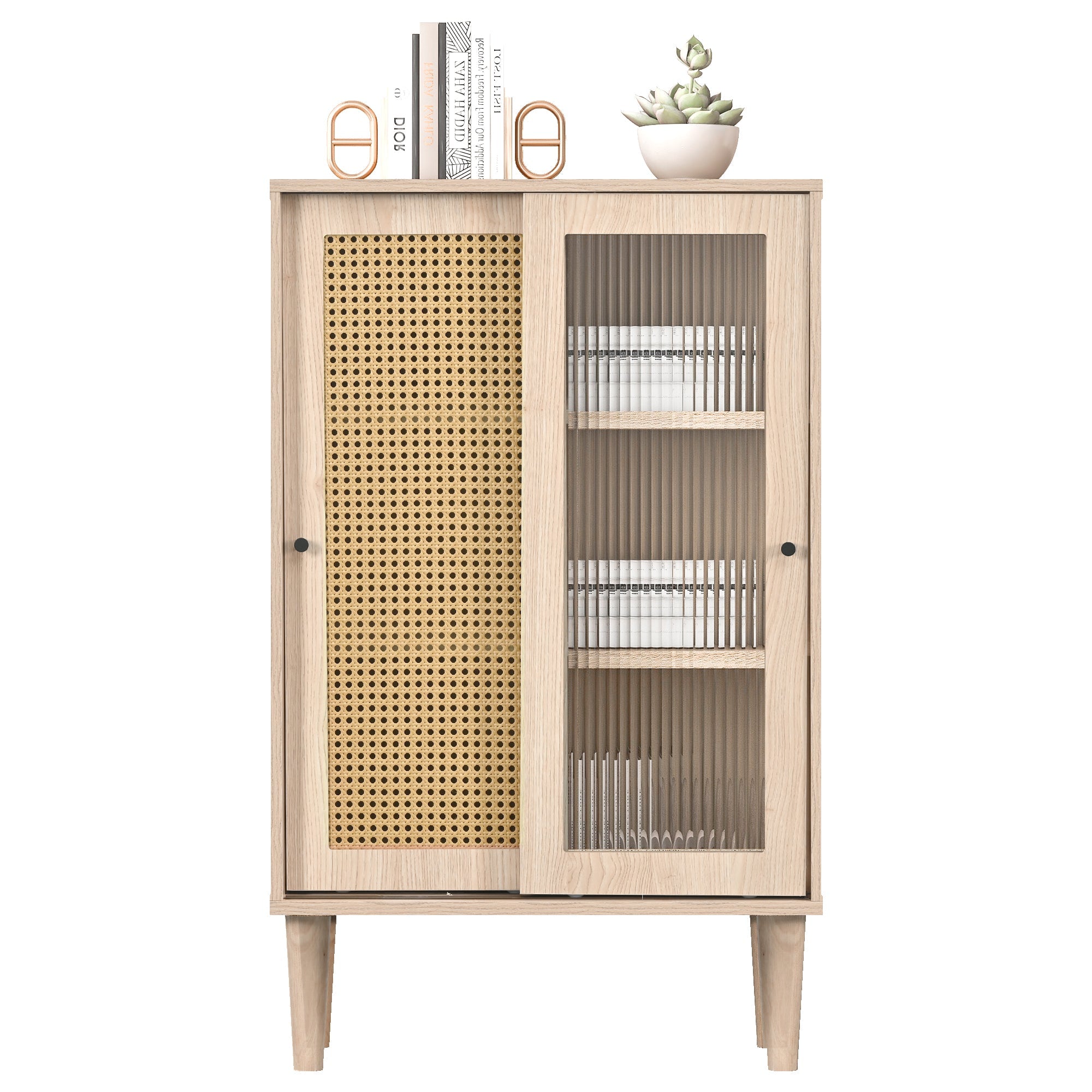 Sideboard, 100cm high, 6 compartments, wood with plastic rattan and glass