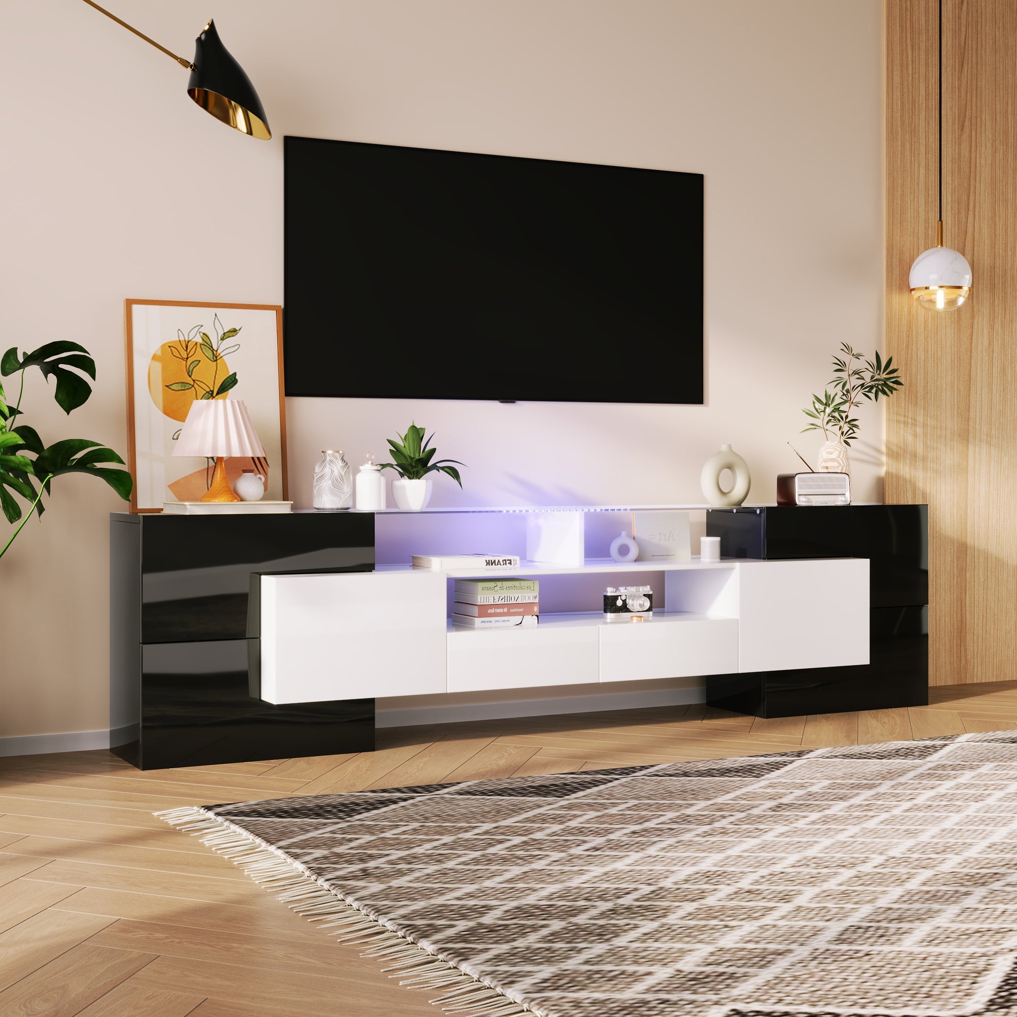 TV Cabinet, 200cm LED Low Panel, High-Gloss White & Black