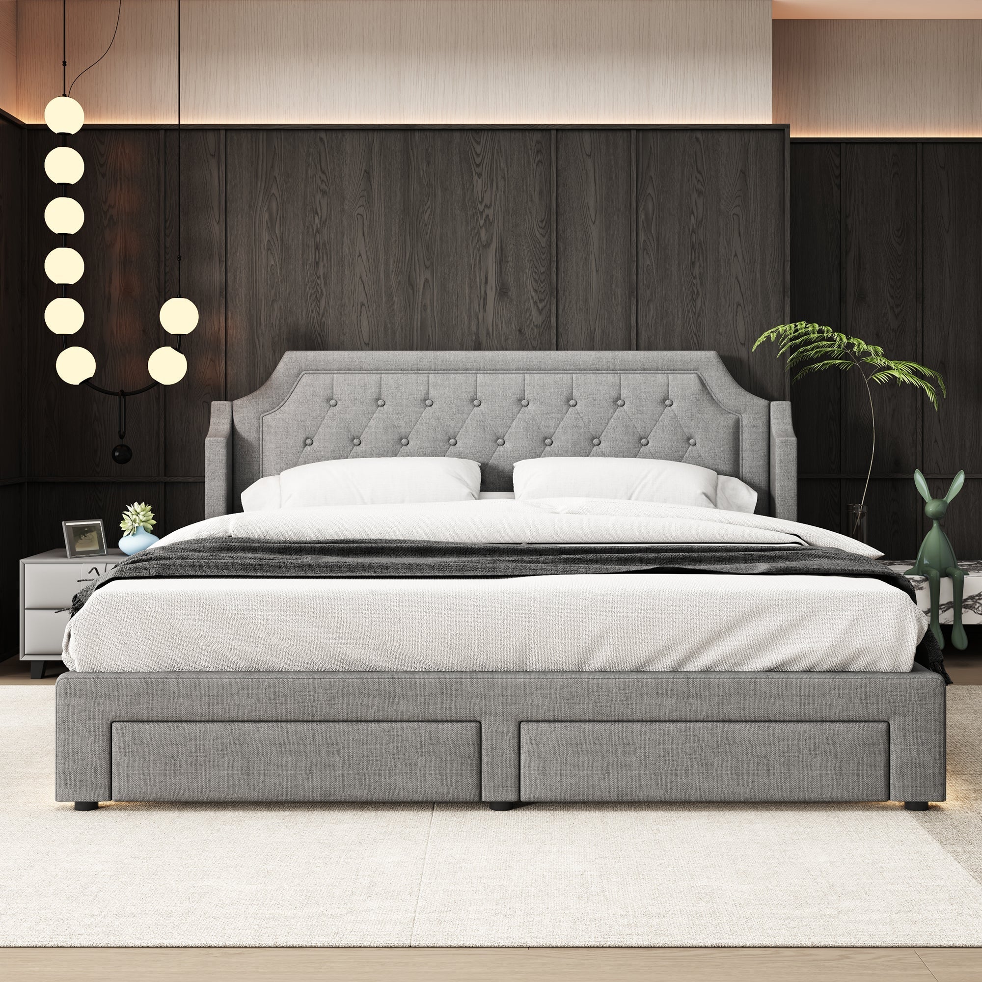 Upholstered Bed 180x200cm with 2 Drawers, LED & Slatted Base - Linen Grey
