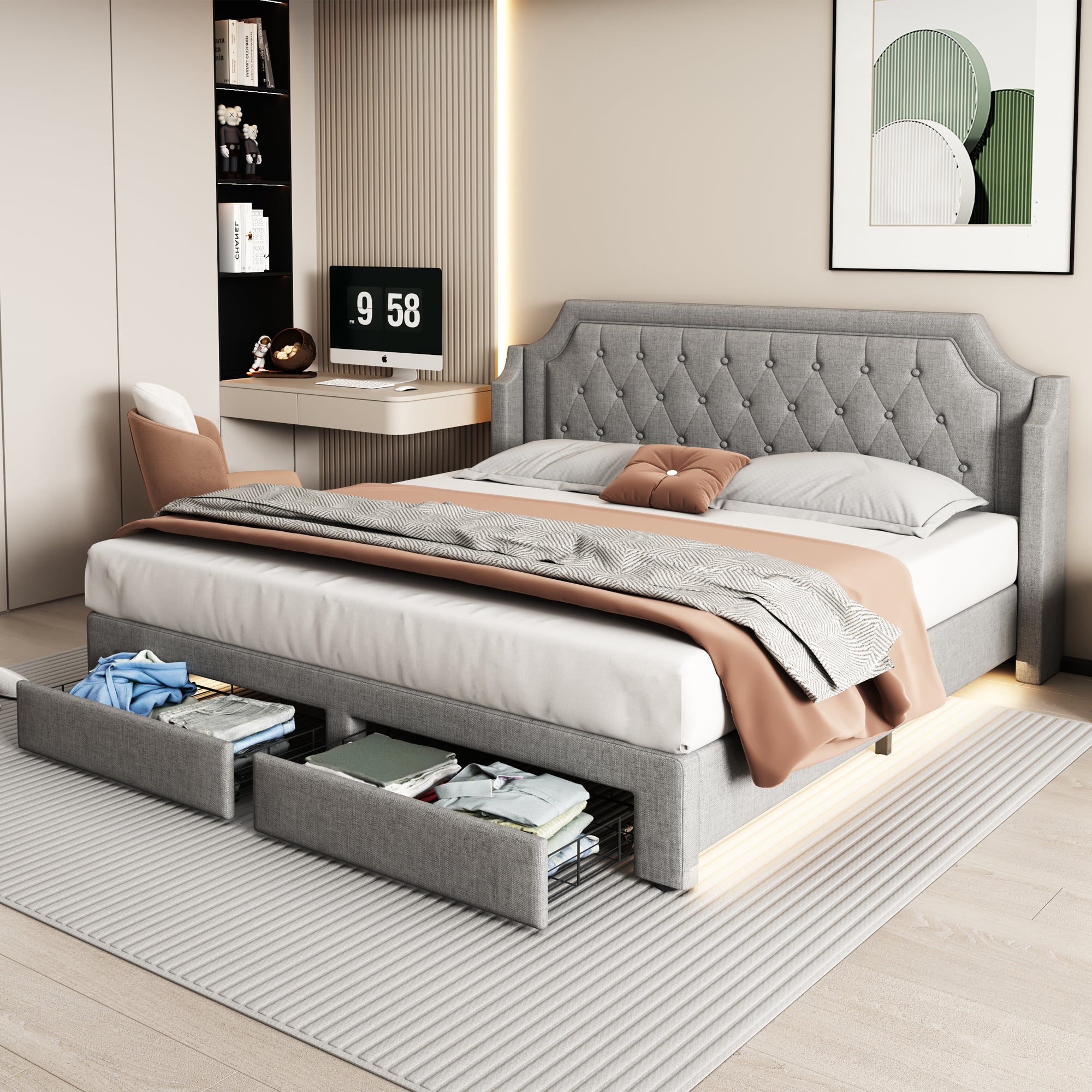 Upholstered Bed 180x200cm with 2 Drawers, LED & Slatted Base - Linen Grey