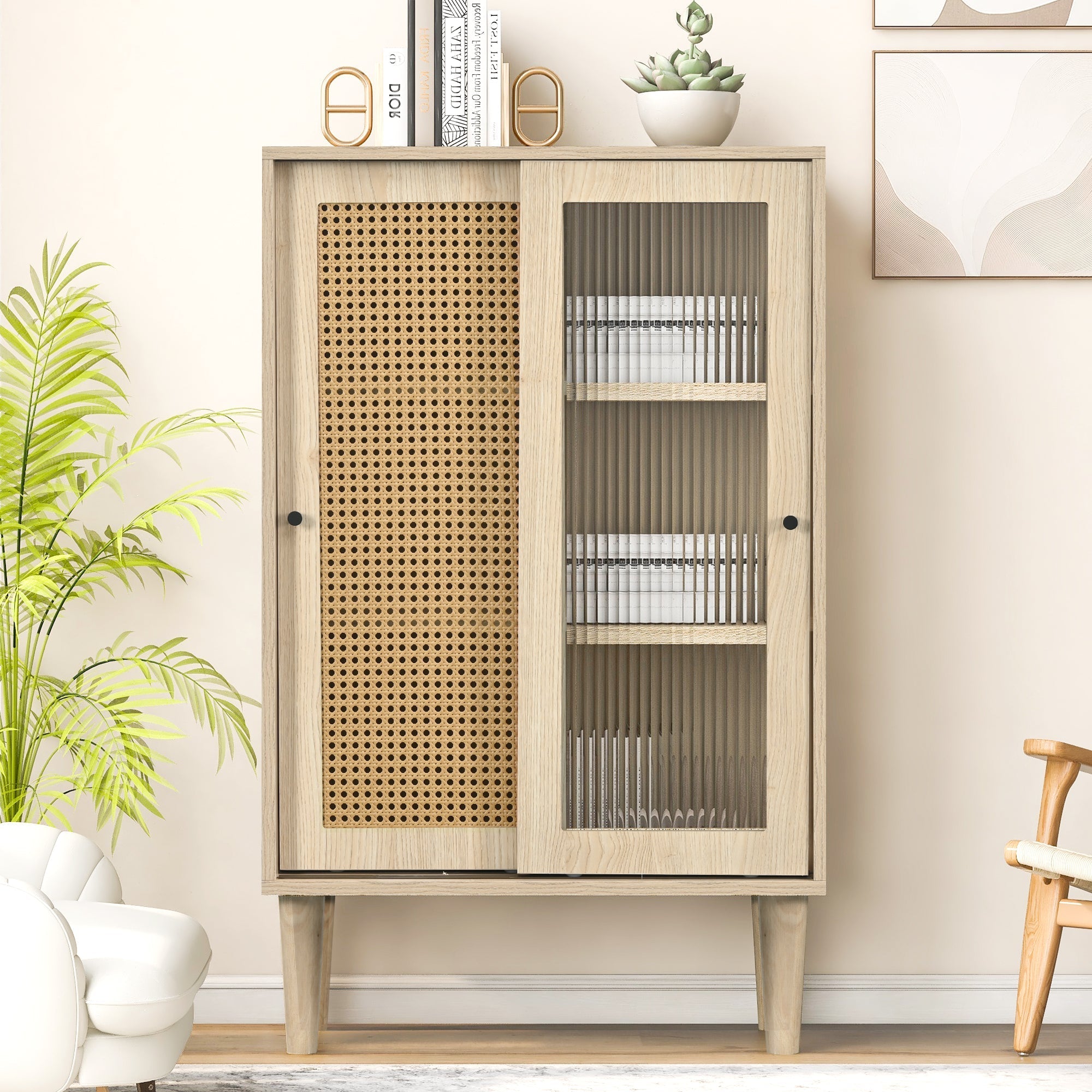Sideboard, 100cm high, 6 compartments, wood with plastic rattan and glass