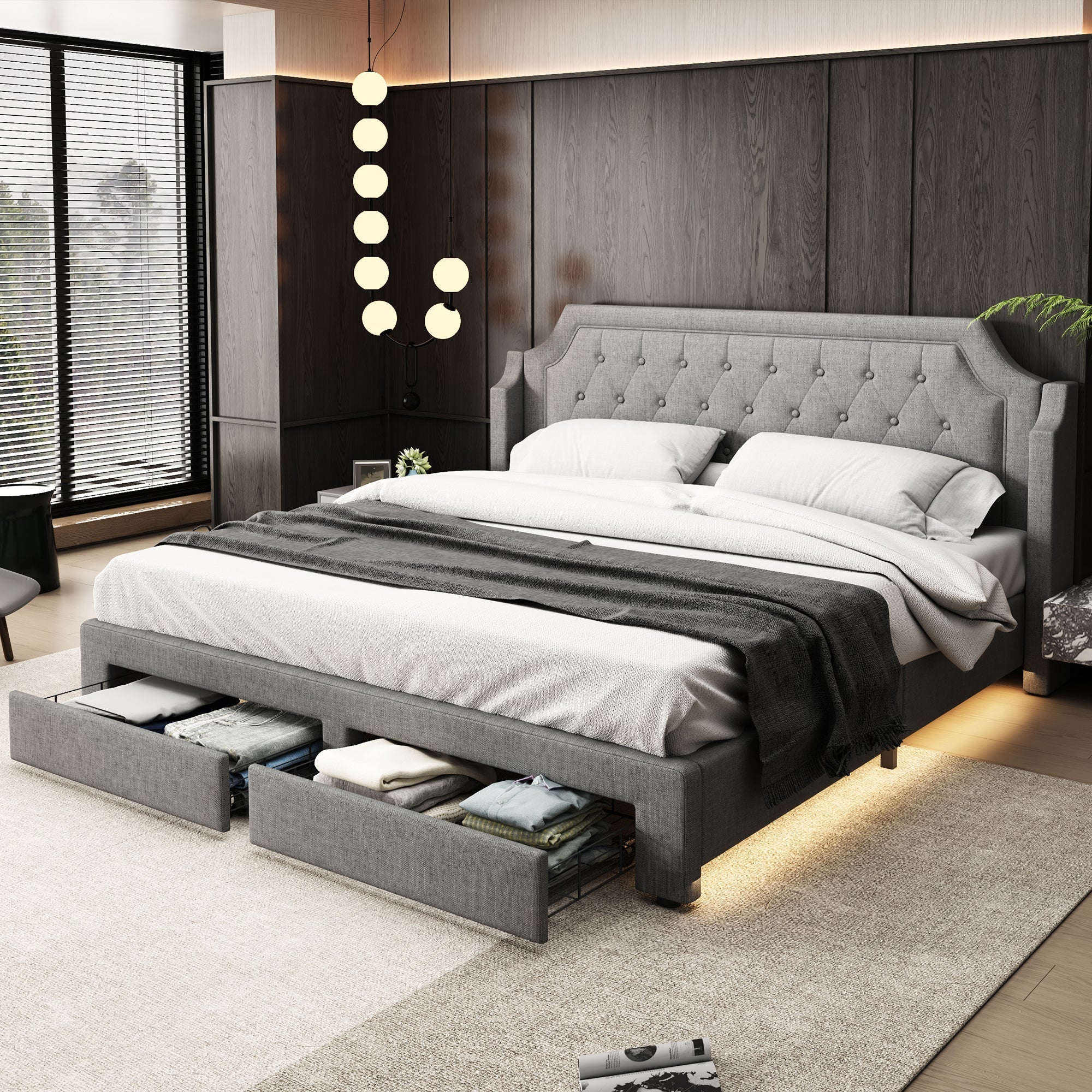 Upholstered Bed 180x200cm with 2 Drawers, LED & Slatted Base - Linen Grey