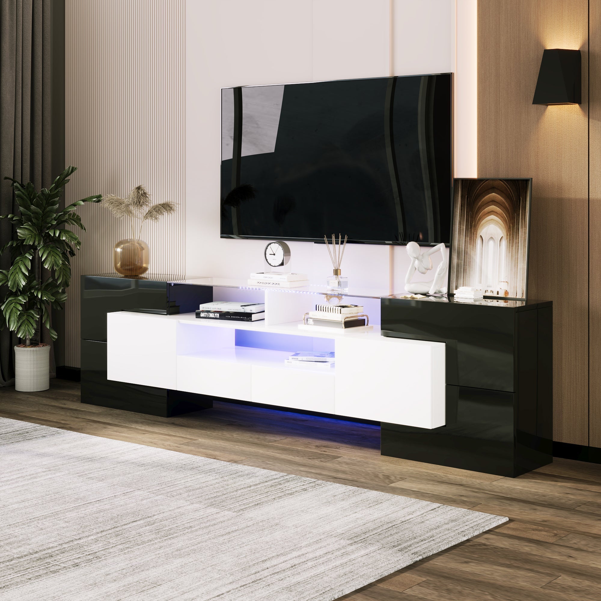 TV Cabinet, 200cm LED Low Panel, High-Gloss White & Black