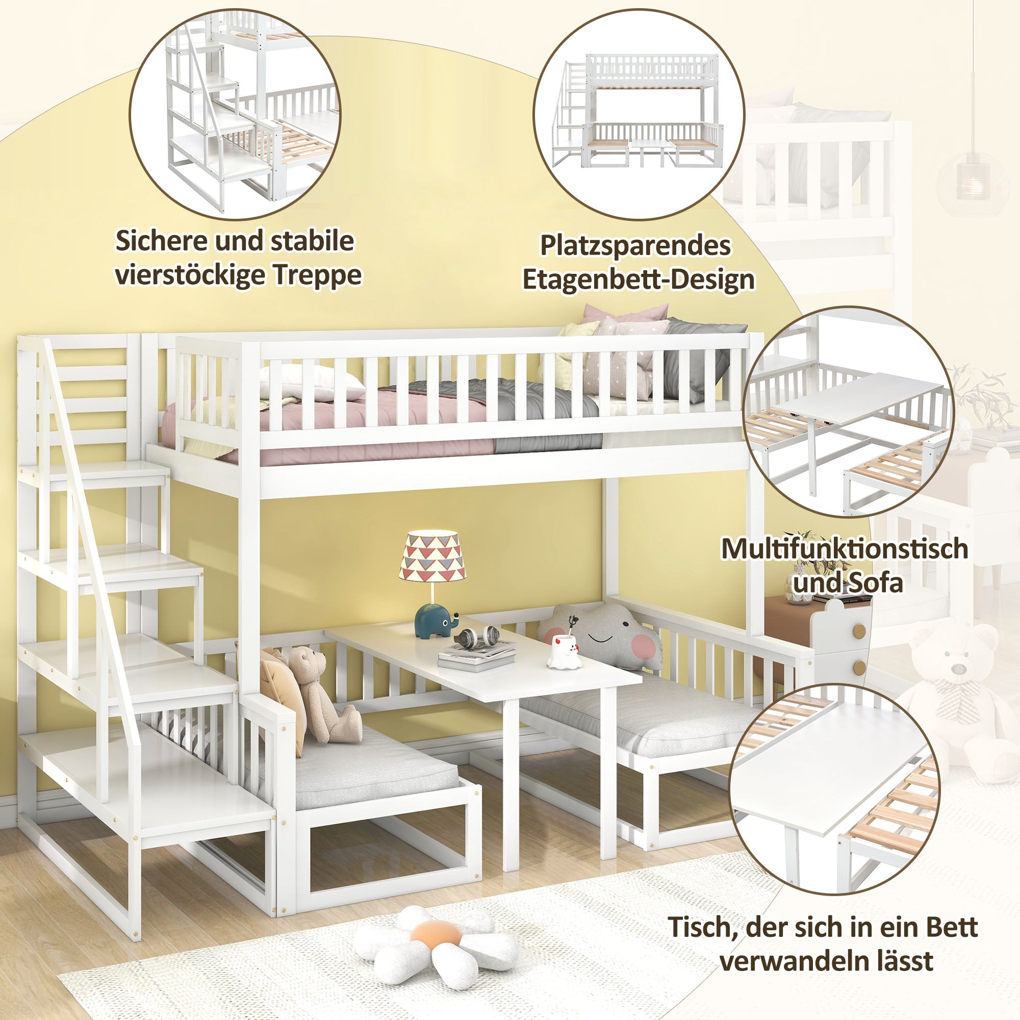 Bunk Bed, Space-Saving with Stairs, Adjustable Table, Wooden Sofa, Pine Wood, White