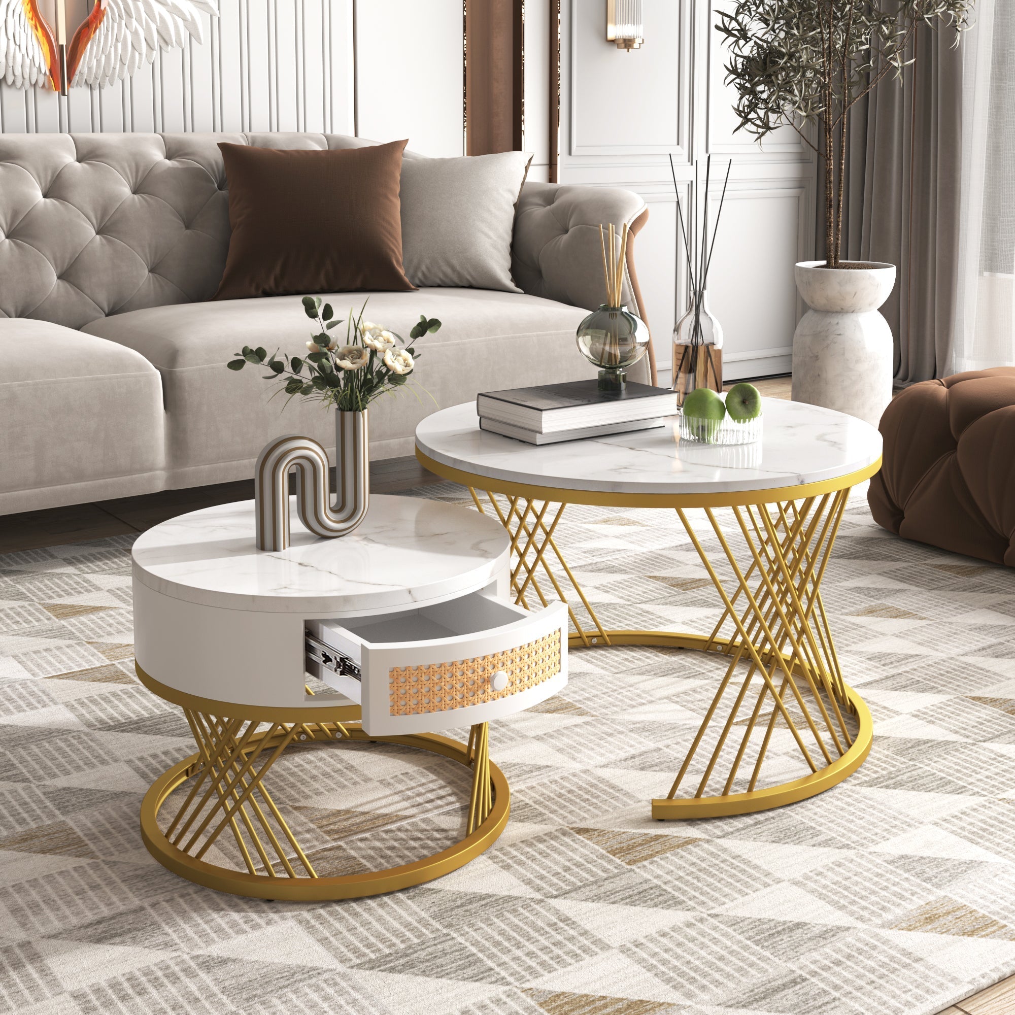 2-in-1 Round Coffee Table with Marble Grain Veneer Top, Rattan Drawers, Solid Wood Handles, and Gold Iron Legs