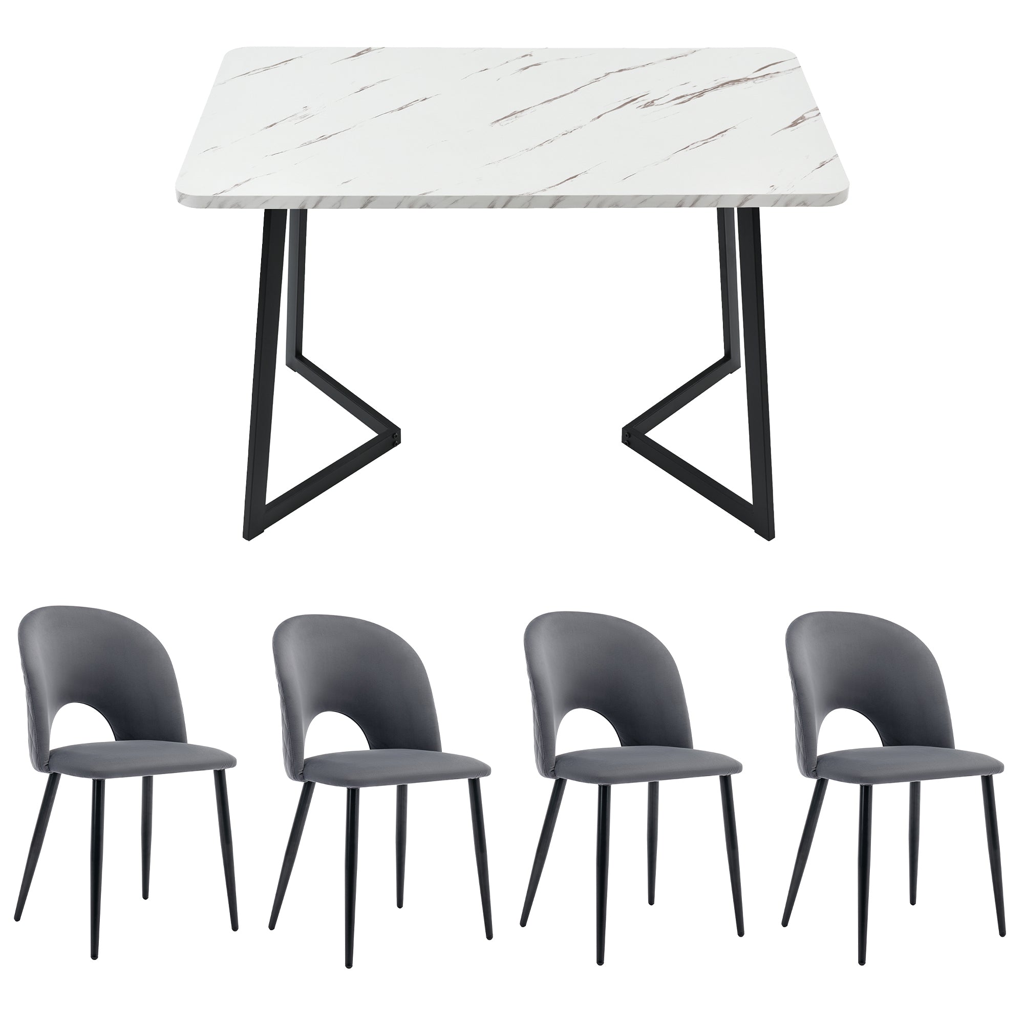 Dining Set (117x68cm Table & 4 Chairs), Rectangular Modern Kitchen Table, Velvet Diamond Pattern Chairs, Grey Velvet/Black Legs