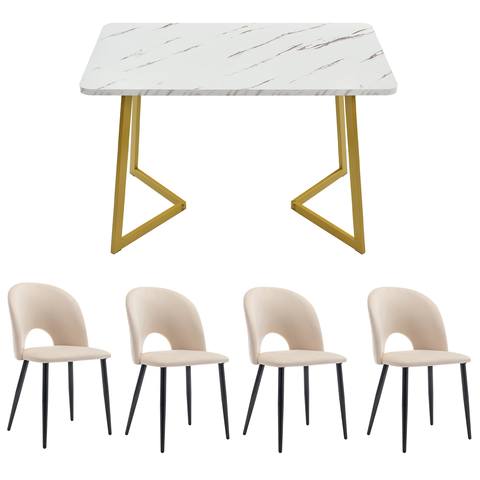 Dining Set, 117×68cm Table with 4 Chairs, Beige Velvet & Gold