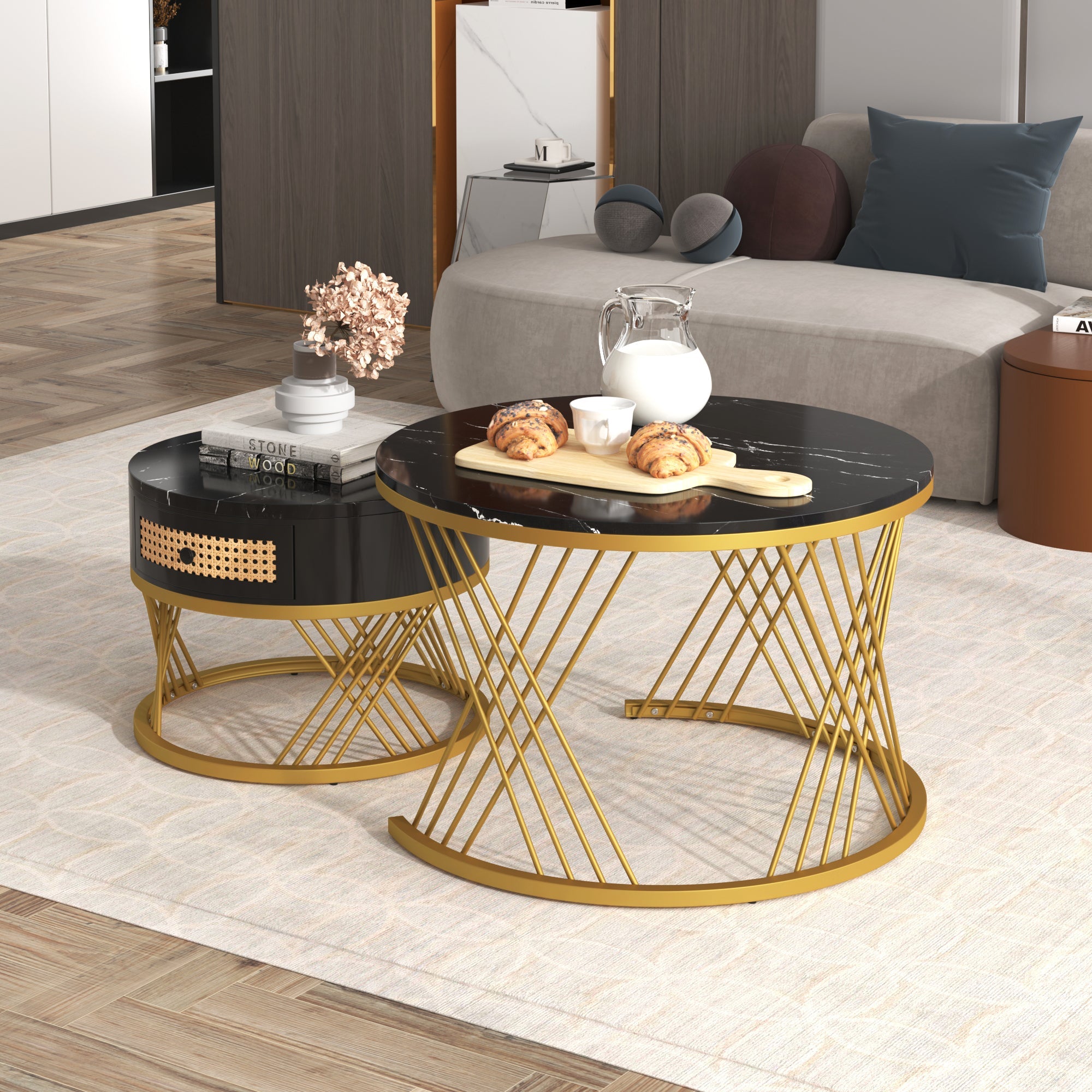 2-in-1 Round Coffee Table with Rattan Drawers and Gold Iron Legs, Marble Grain Veneer Top