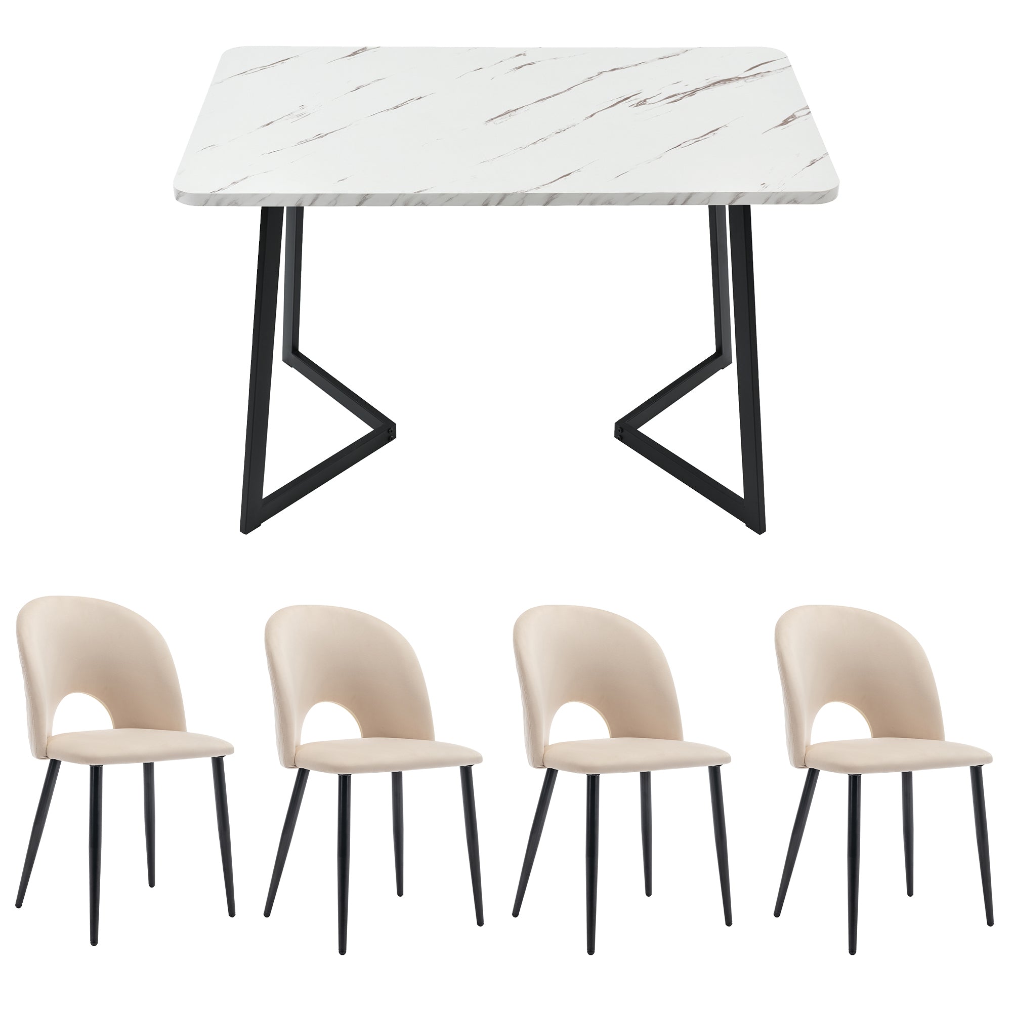 Dining Set 117x68cm Rectangular Table 4 Chairs Velvet Diamond Pattern Beige/Black