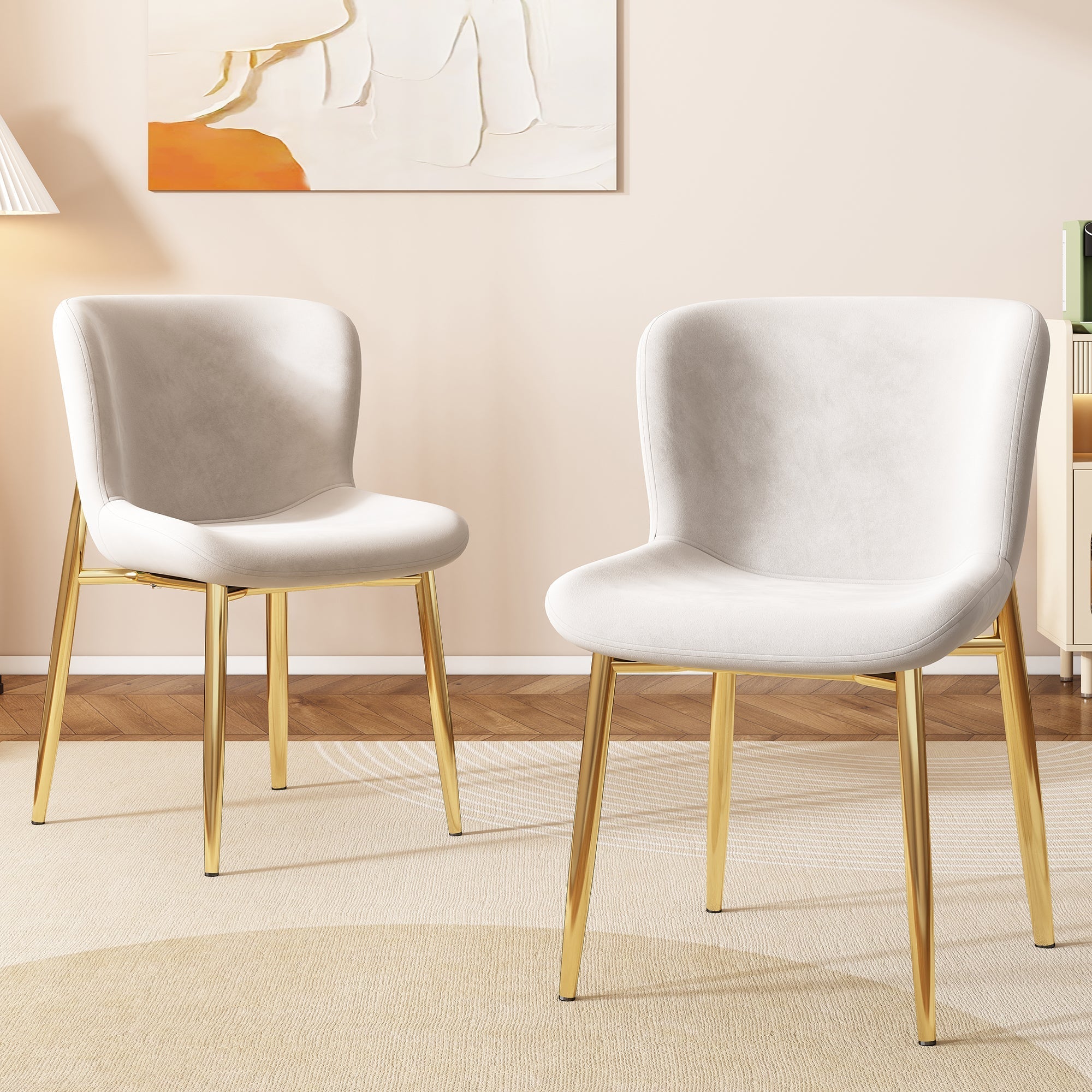 Velvet Dining Chair Set of 2 Lounge Metal Legs - Beige