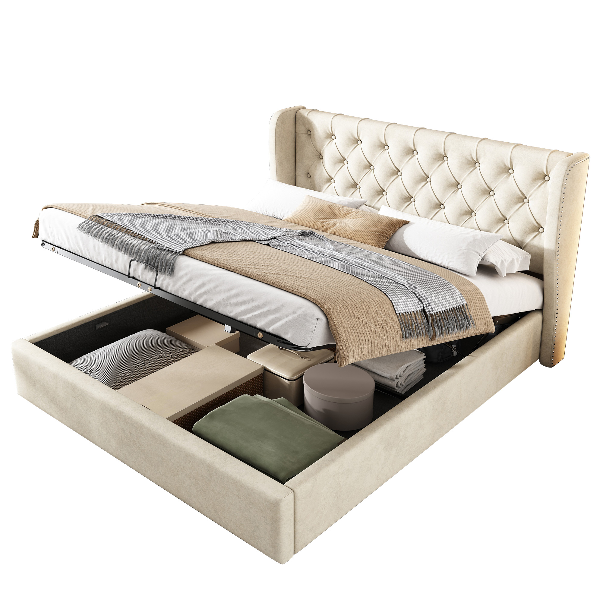 Upholstered Double Bed 140x190cm Hydraulic Storage Ear Shape - Velvet Beige