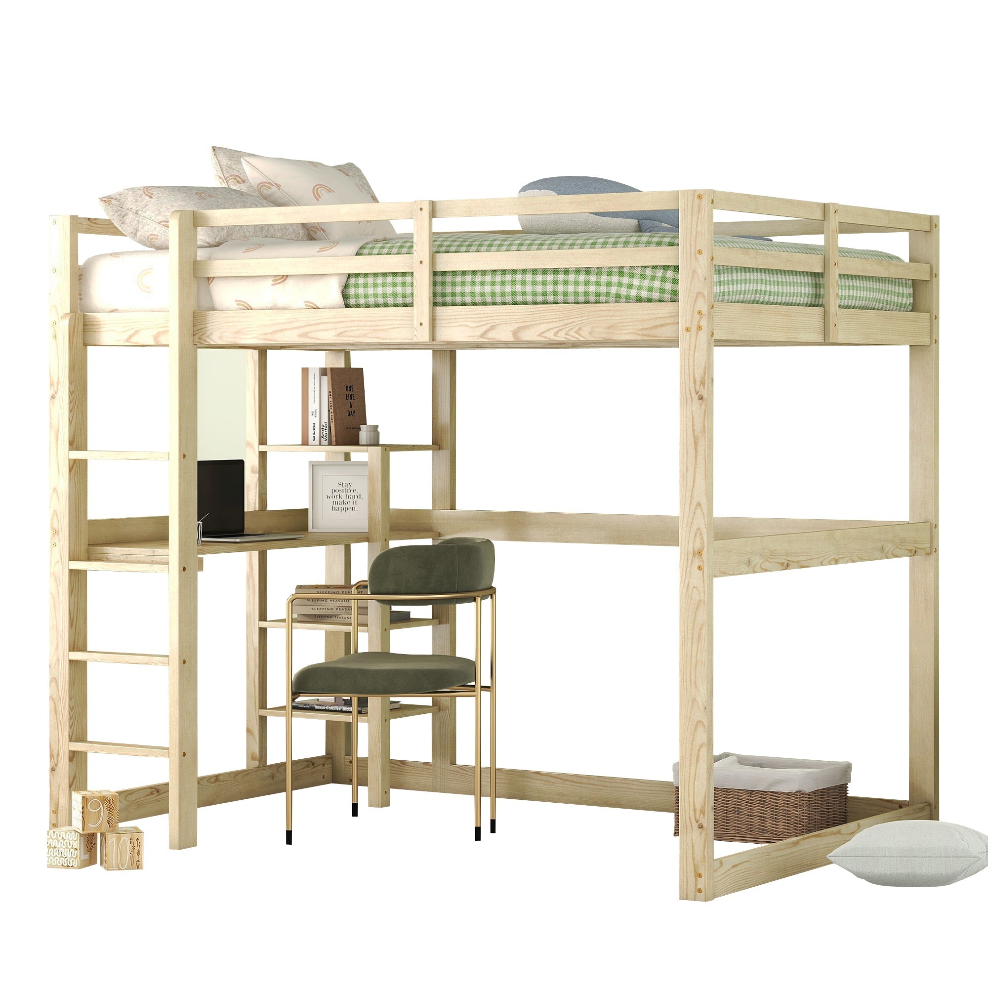 Children's Bunk Bed with Desk and 4 Storage Compartments, 140 x 200 cm, Pine Natural